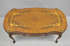 Antique French Louis XV Style Floral Inlay Walnut Coffee Table with Drawer