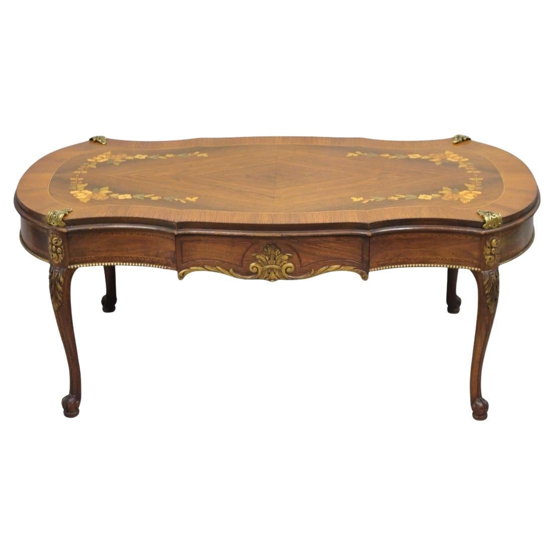 Antique French Louis XV Style Floral Inlay Walnut Coffee Table with Drawer en vente