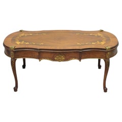 Antique French Louis XV Style Floral Inlay Walnut Coffee Table with Drawer