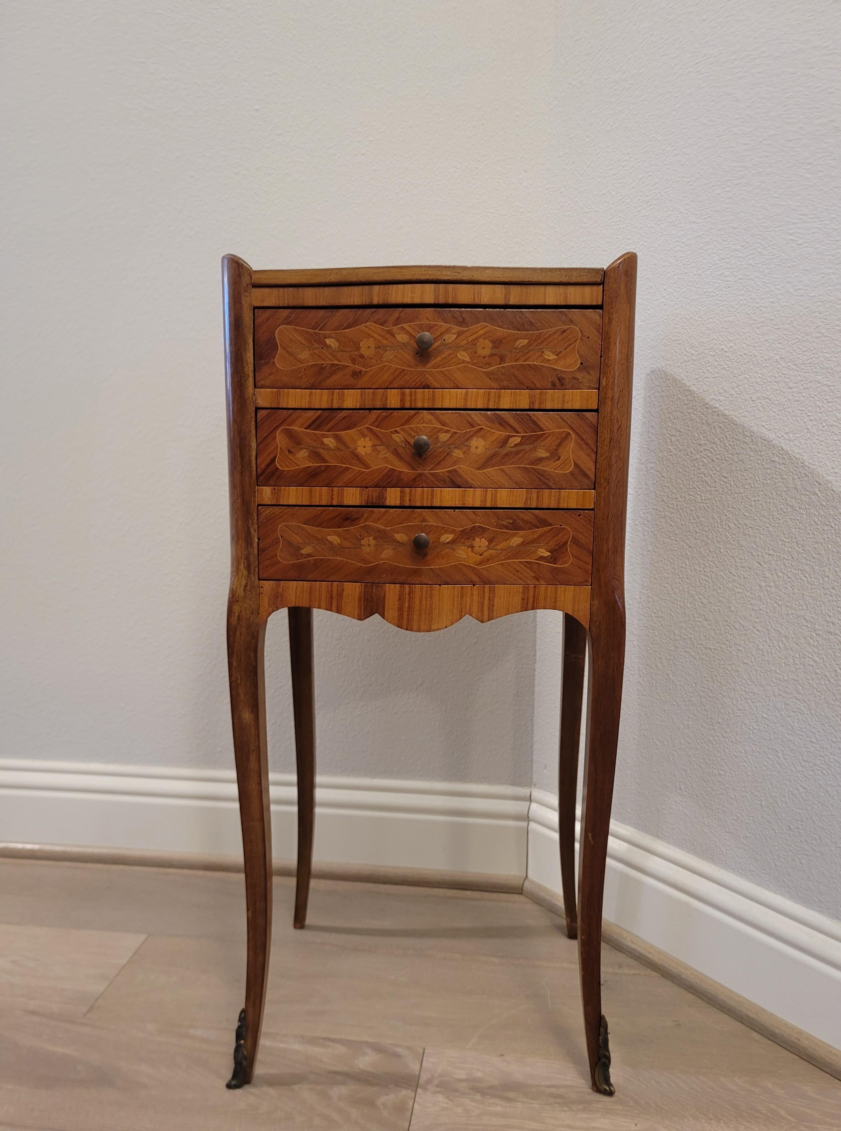 Antique French Louis XV Style Floral Marquetry Nightstand Table 5