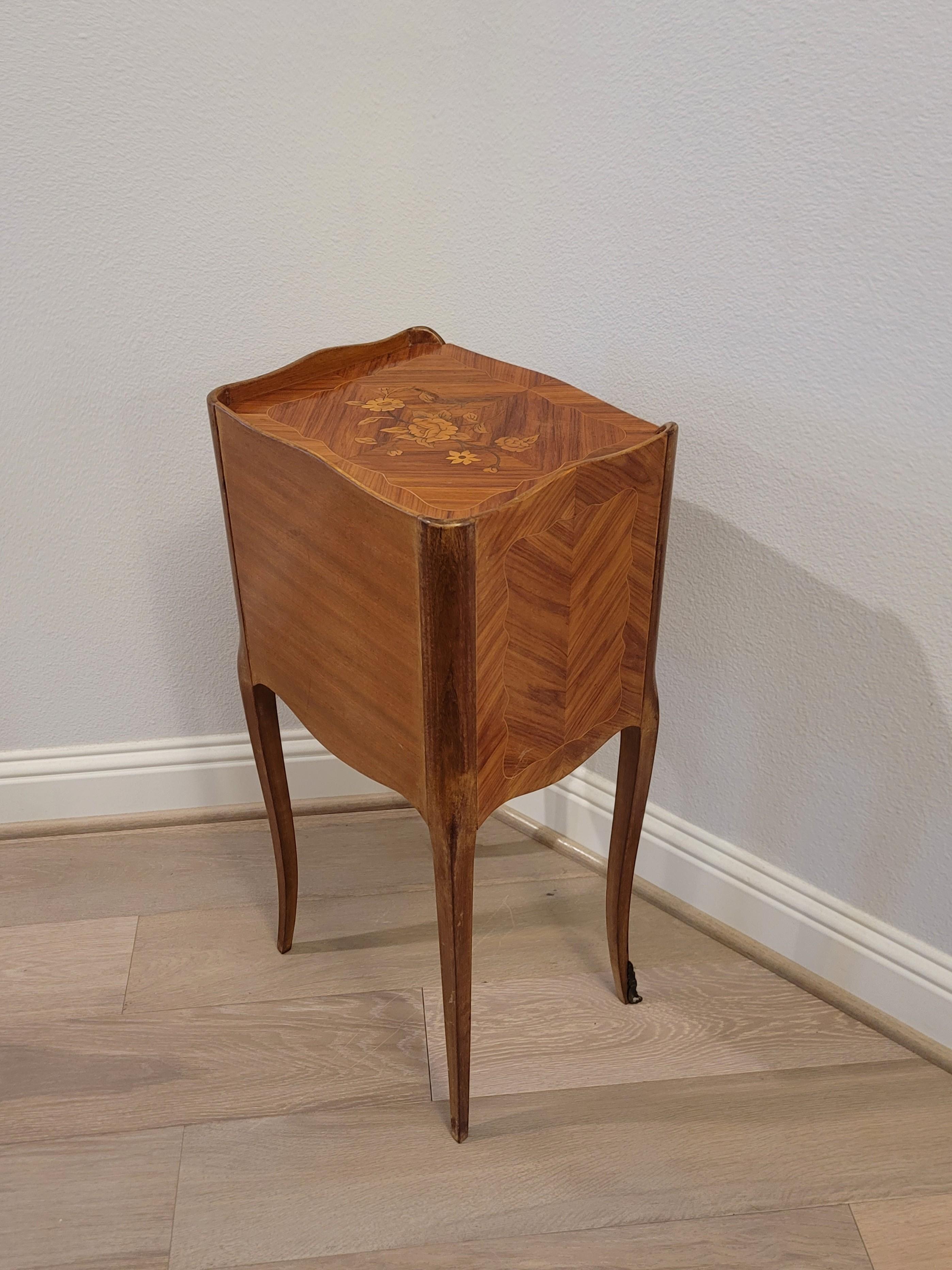 Antique French Louis XV Style Floral Marquetry Nightstand Table 7