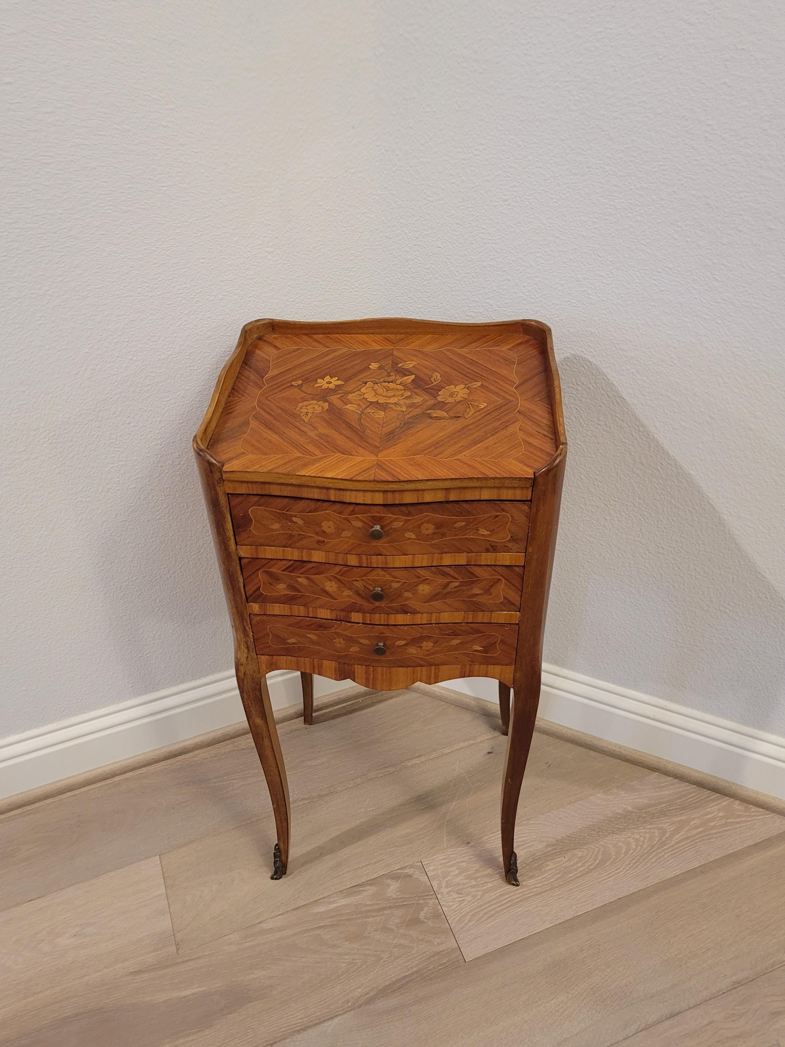 Hand-Crafted Antique French Louis XV Style Floral Marquetry Nightstand Table
