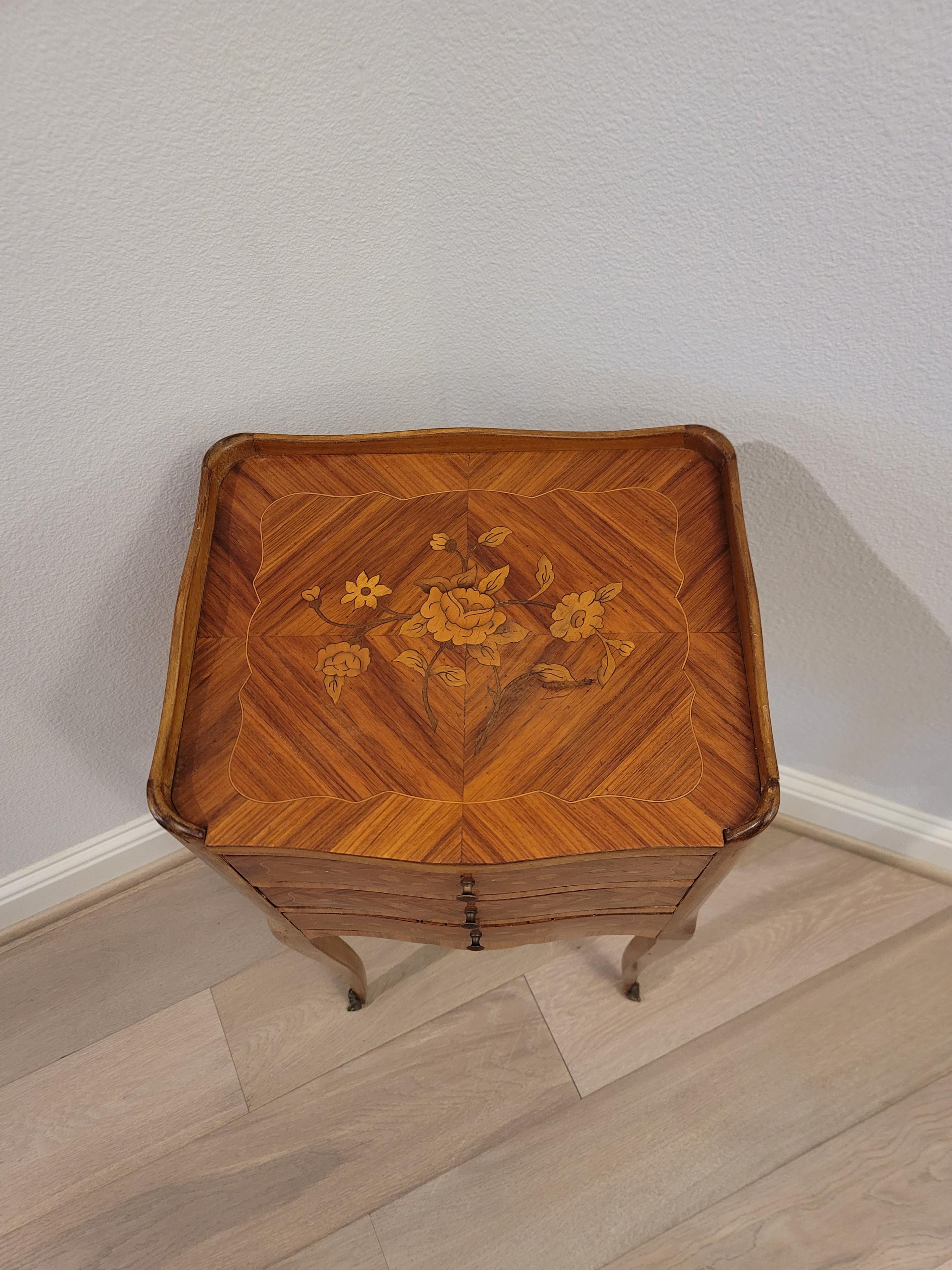 19th Century Antique French Louis XV Style Floral Marquetry Nightstand Table