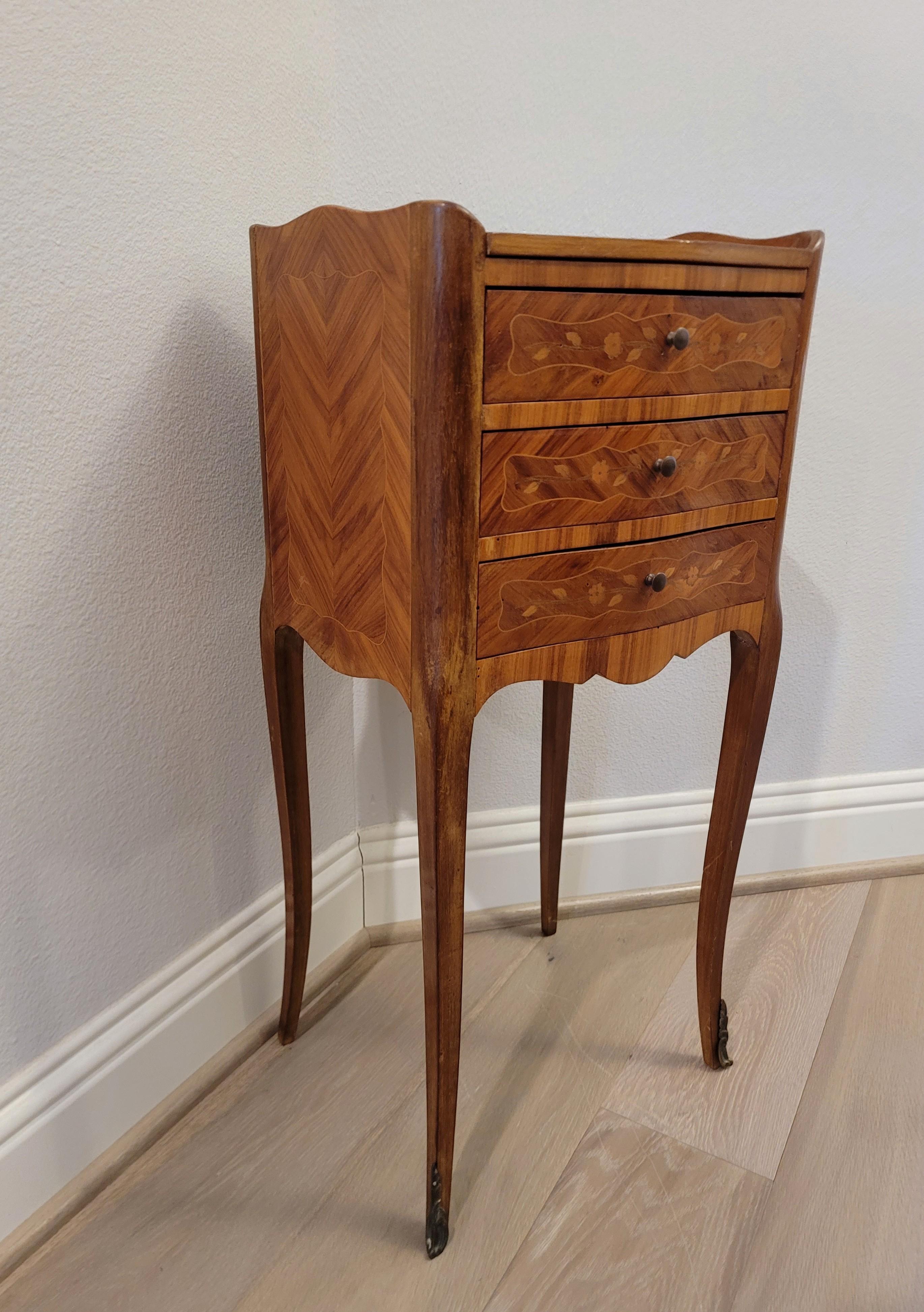 Antique French Louis XV Style Floral Marquetry Nightstand Table 1