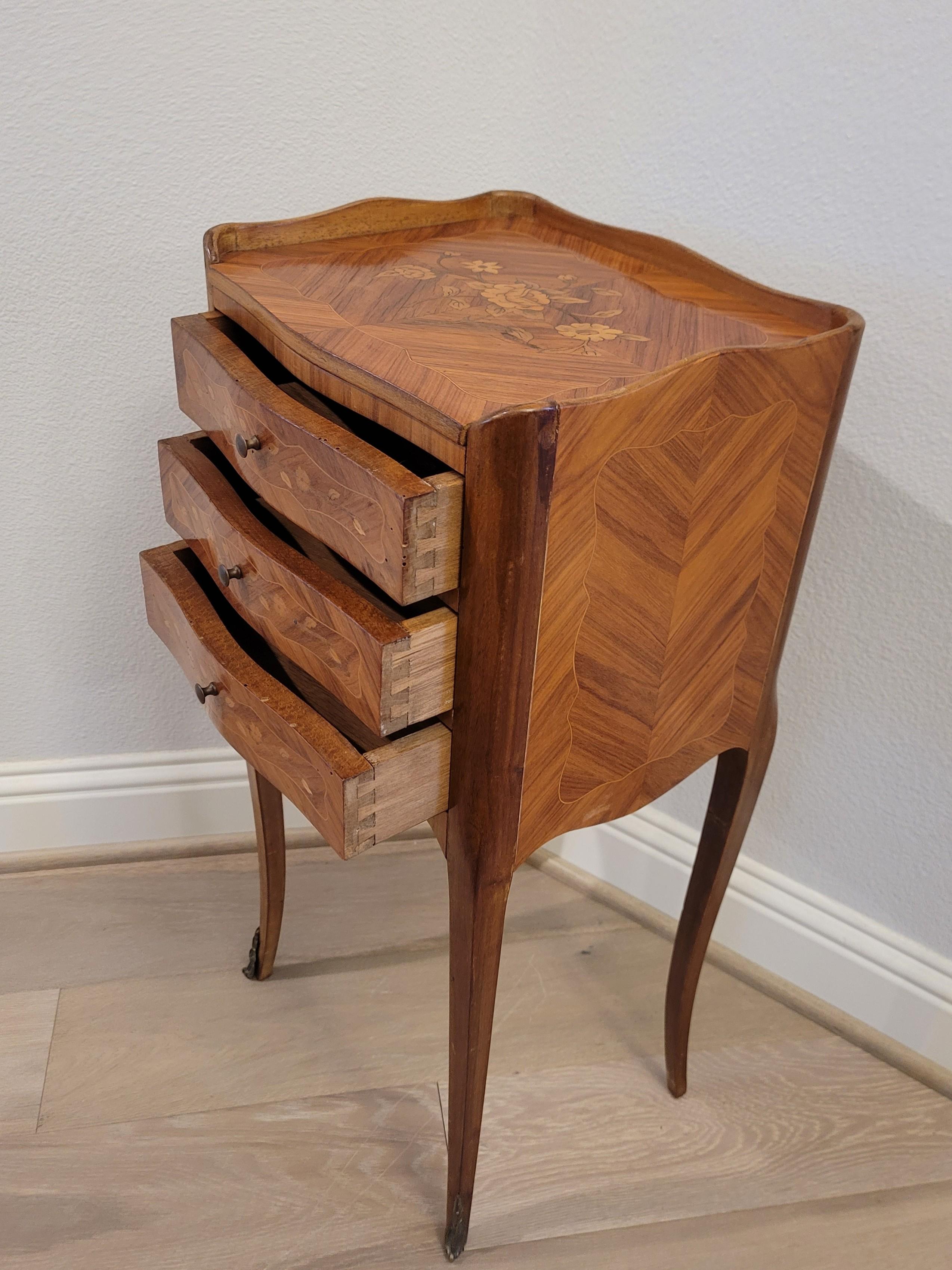 Antique French Louis XV Style Floral Marquetry Nightstand Table 2