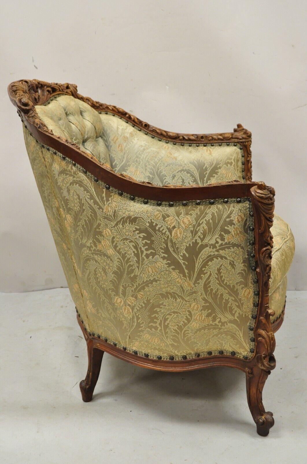 Antique French Louis XV Style Flower Carved Walnut Green Club Lounge Chair 7