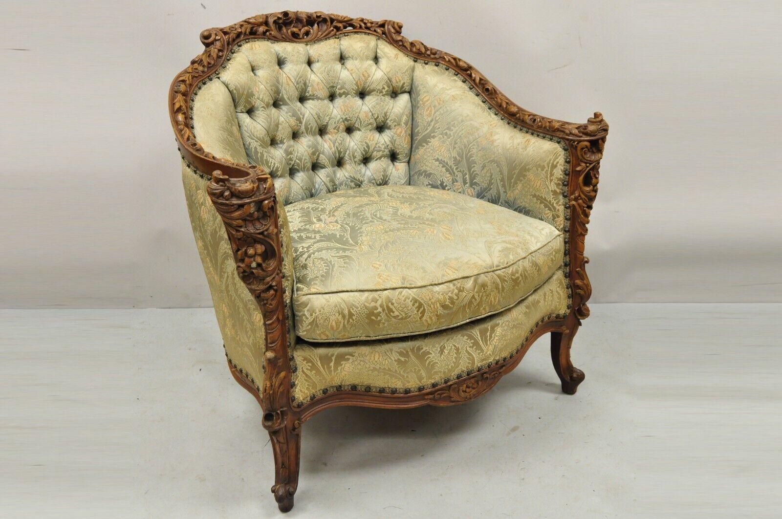 Antique French Louis XV Style Flower Carved Walnut Green Club Lounge Chair. Item features an ornately carved floral frame, solid wood construction, beautiful wood grain, nicely carved details, cabriole legs, very nice antique item, great style and