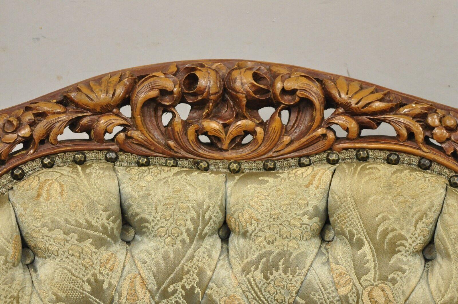Antique French Louis XV Style Flower Carved Walnut Green Club Lounge Chair In Good Condition In Philadelphia, PA