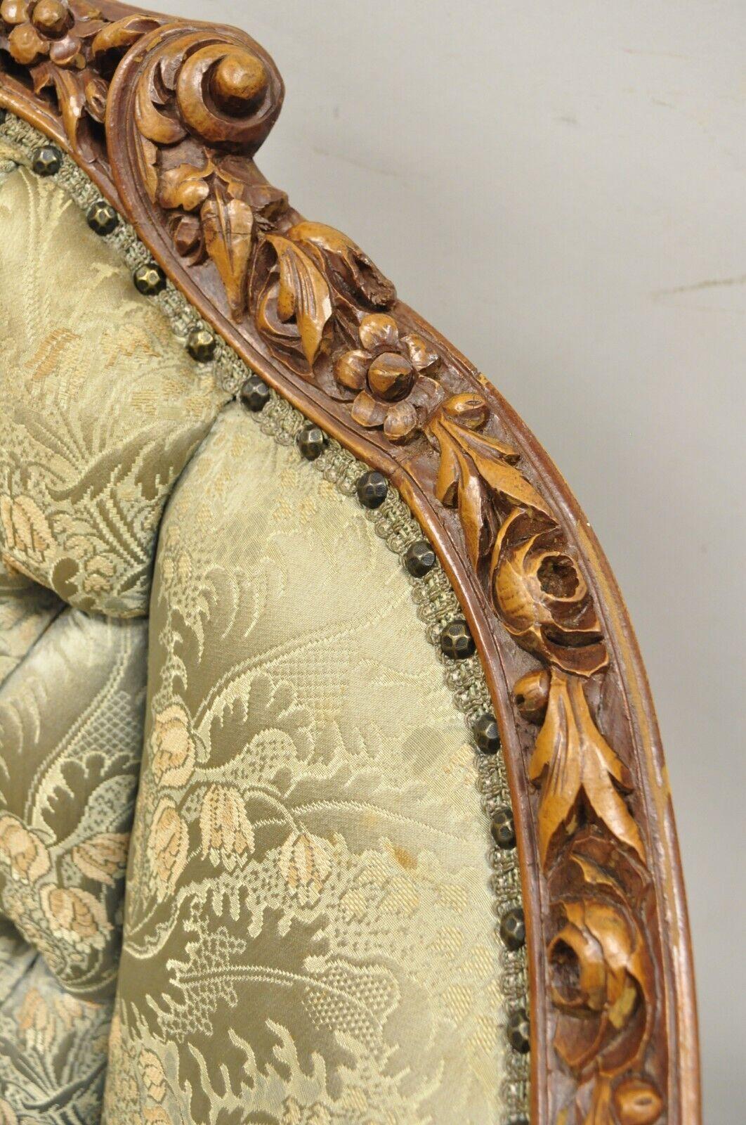 Fabric Antique French Louis XV Style Flower Carved Walnut Green Club Lounge Chair