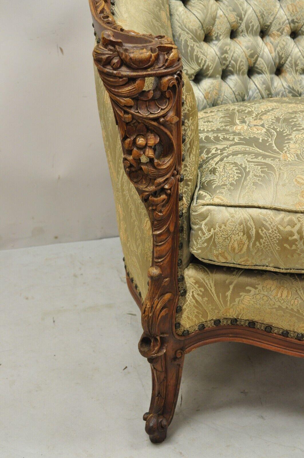 Antique French Louis XV Style Flower Carved Walnut Green Club Lounge Chair 1