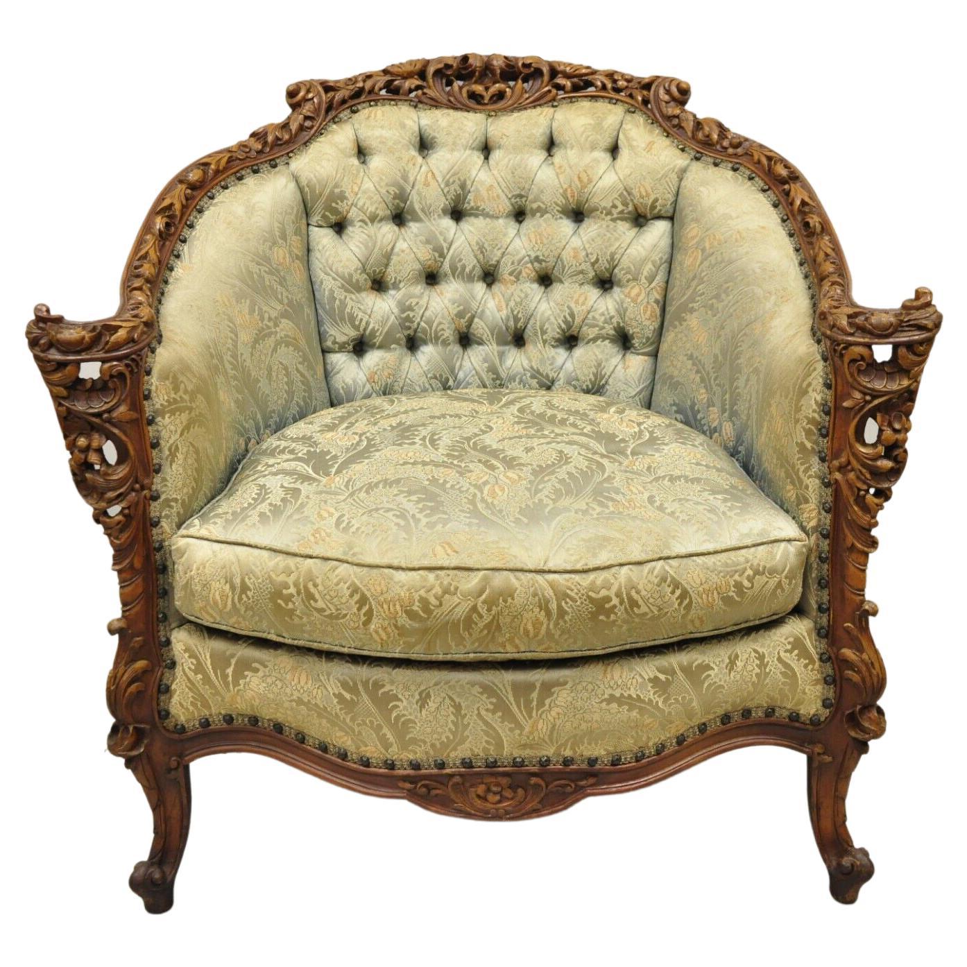 Antique French Louis XV Style Flower Carved Walnut Green Club Lounge Chair