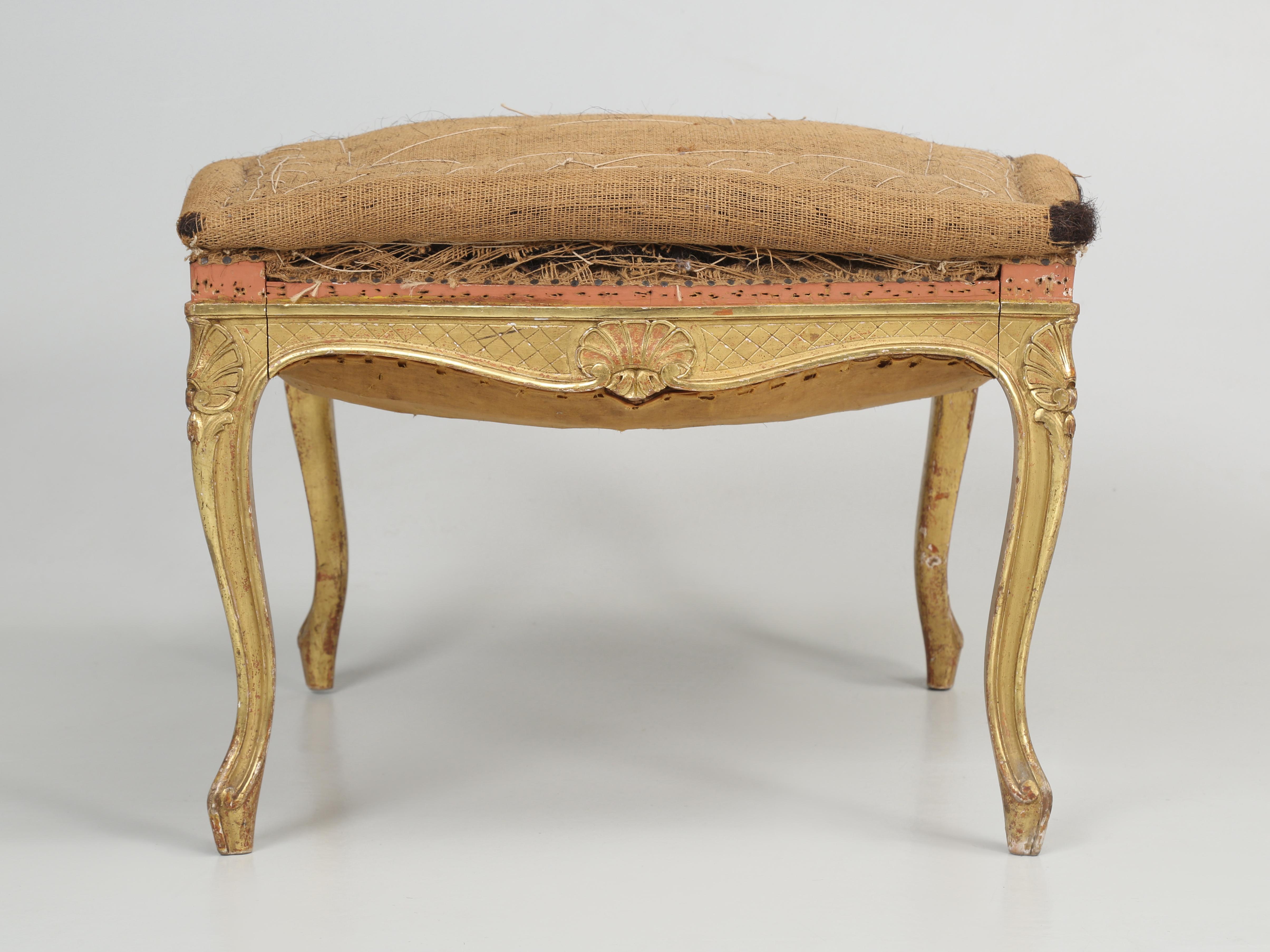 French Louis XV Style ottoman or foot stool that was produced in France in the mid-to late 1800’s. The Maker’s Stamp is still on the bottom and is marked; Au Bon Marché Maison, Aristide Boucicaut, Tapisserie et Ameublement Paris. Le Bon Marché Rive