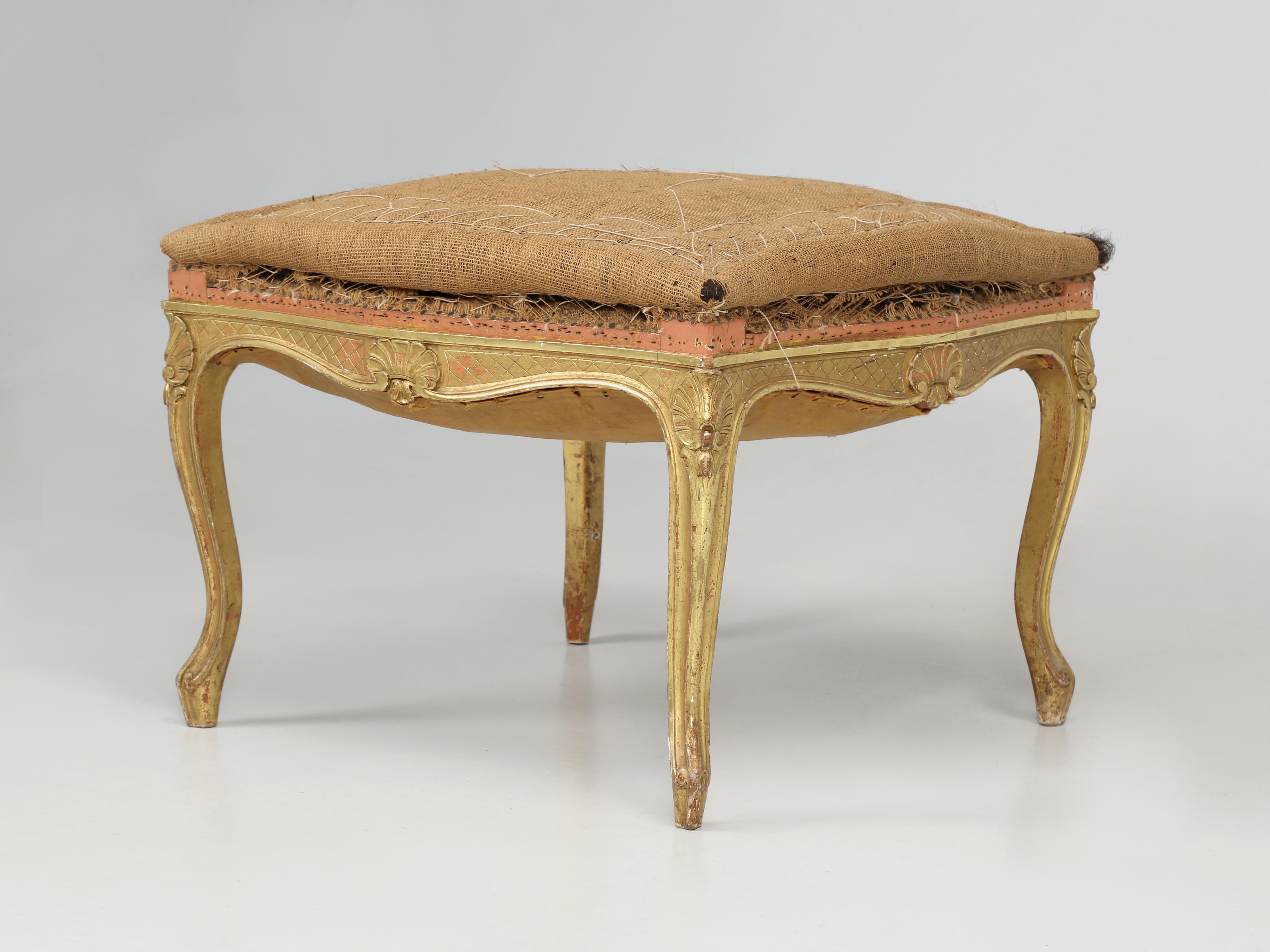 Hand-Carved Antique French Louis XV Style Foot Stool, Ottoman Original Water Gilded Finish For Sale