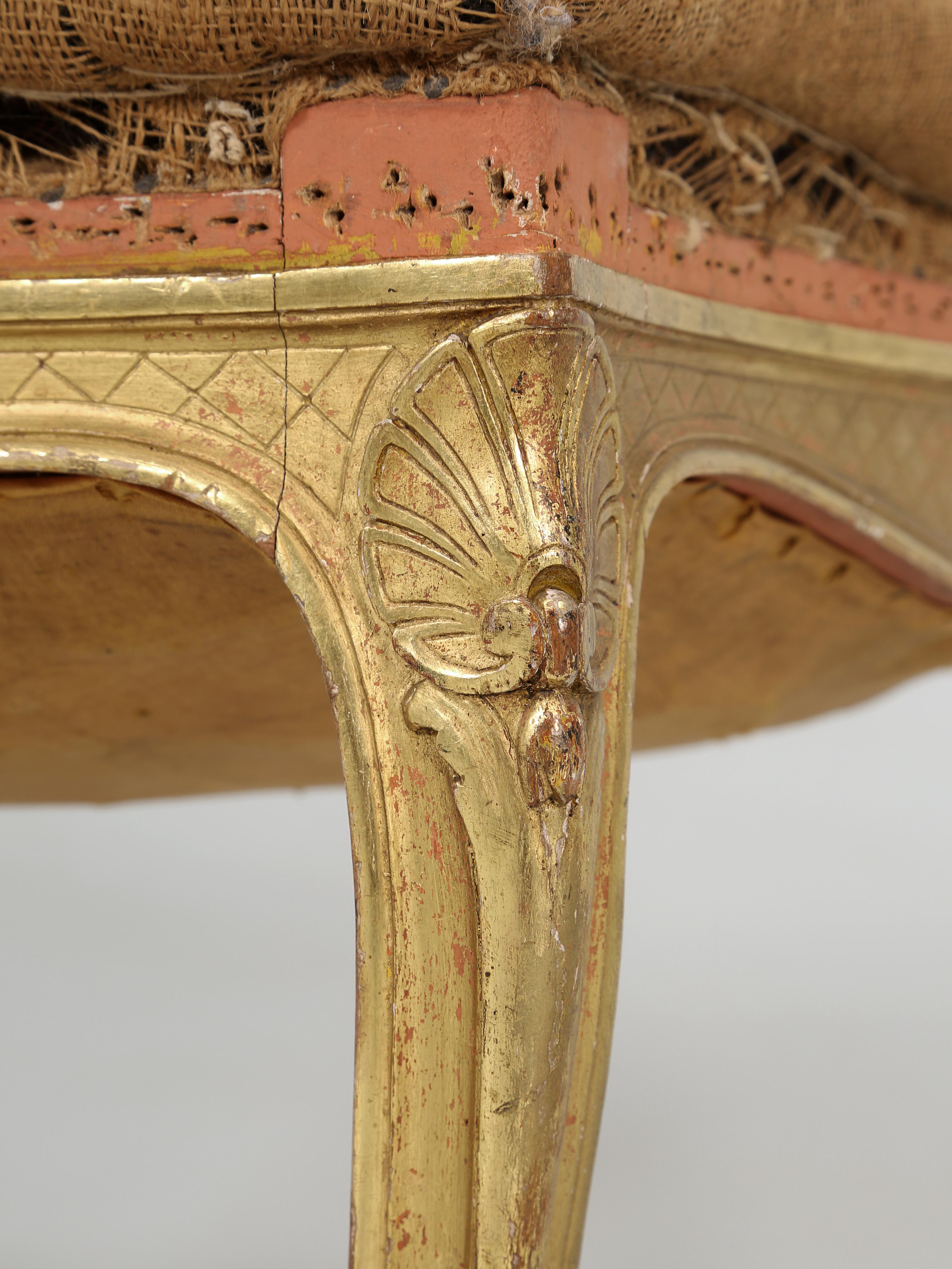 Antique French Louis XV Style Foot Stool, Ottoman Original Water Gilded Finish For Sale 3