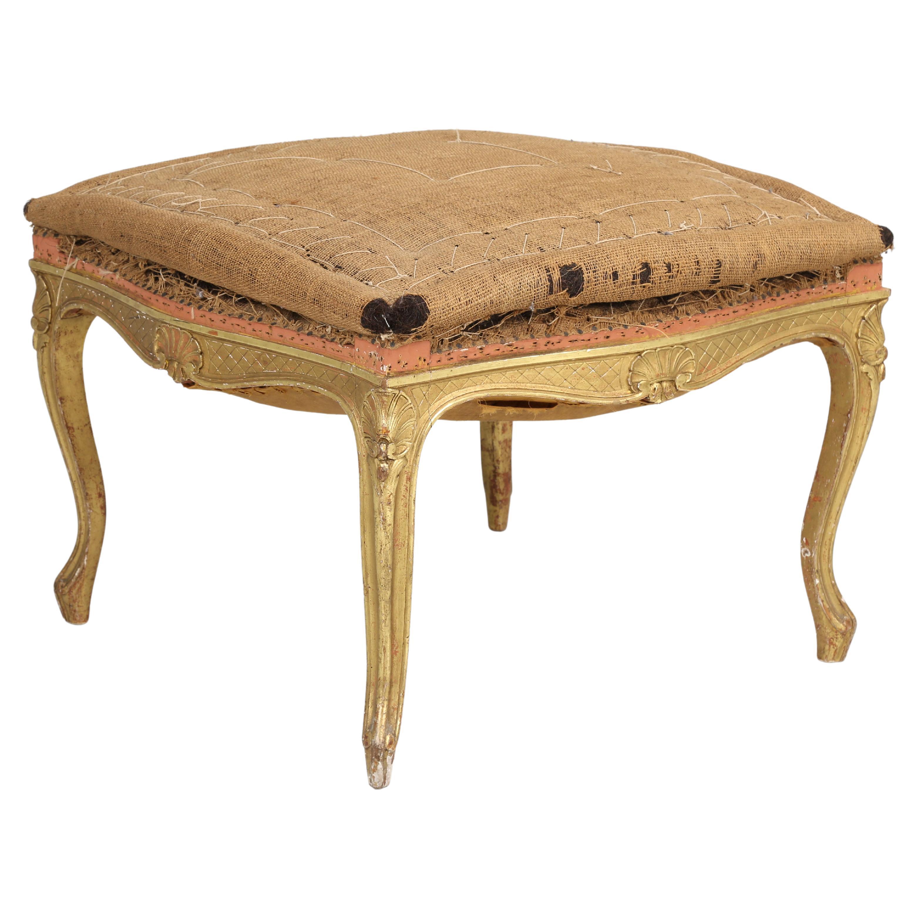 Antique French Louis XV Style Foot Stool, Ottoman Original Water Gilded Finish For Sale