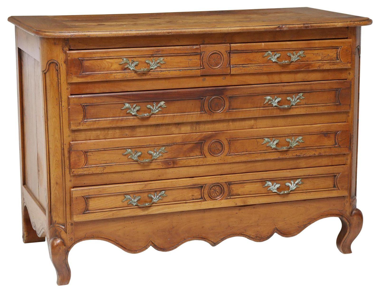 Hand-Carved Antique French Louis XV Style Fruitwood Five Drawer Commode For Sale