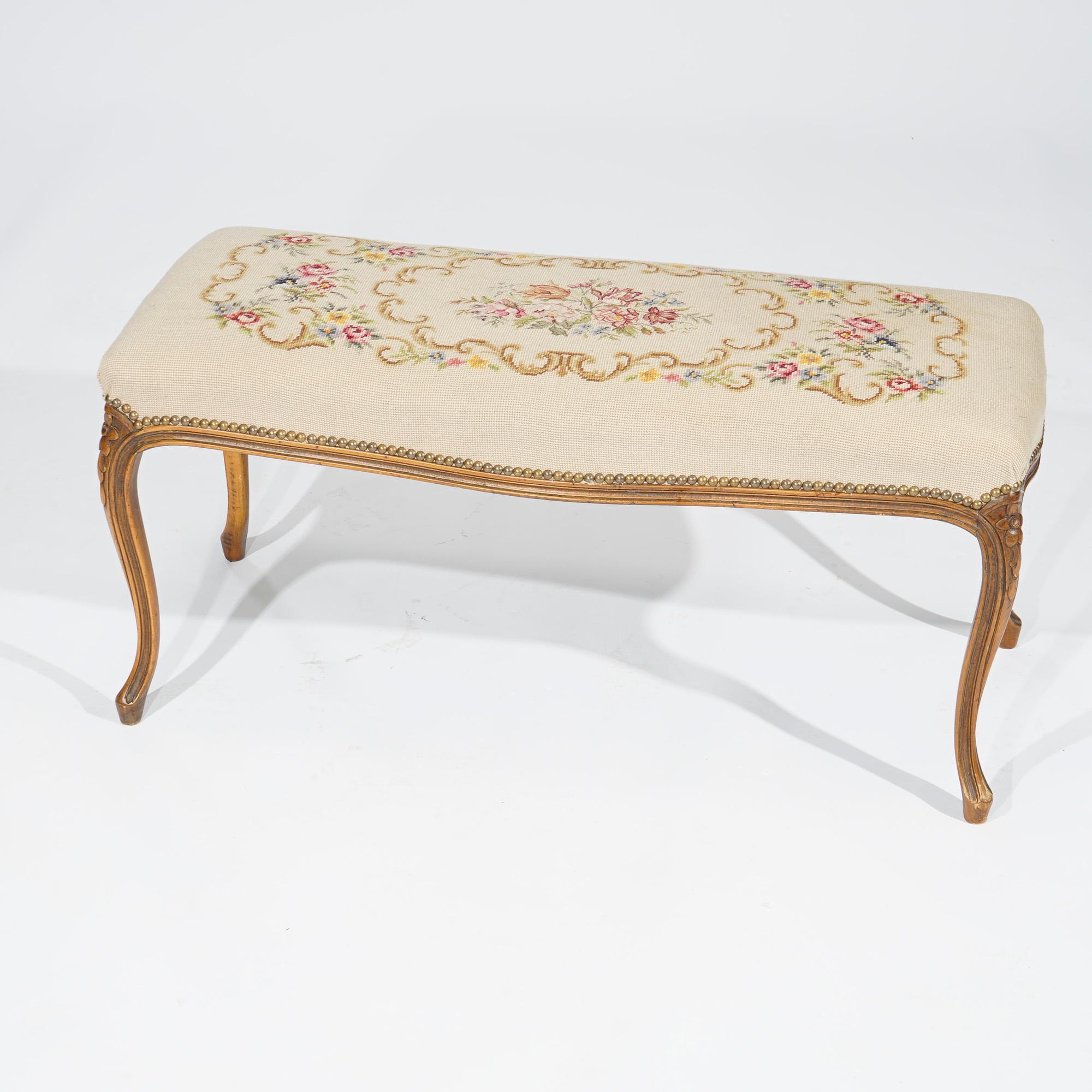Antique French Louis XV Style Fruitwood & Needlepoint Long Bench, Circa 1930 In Good Condition In Big Flats, NY