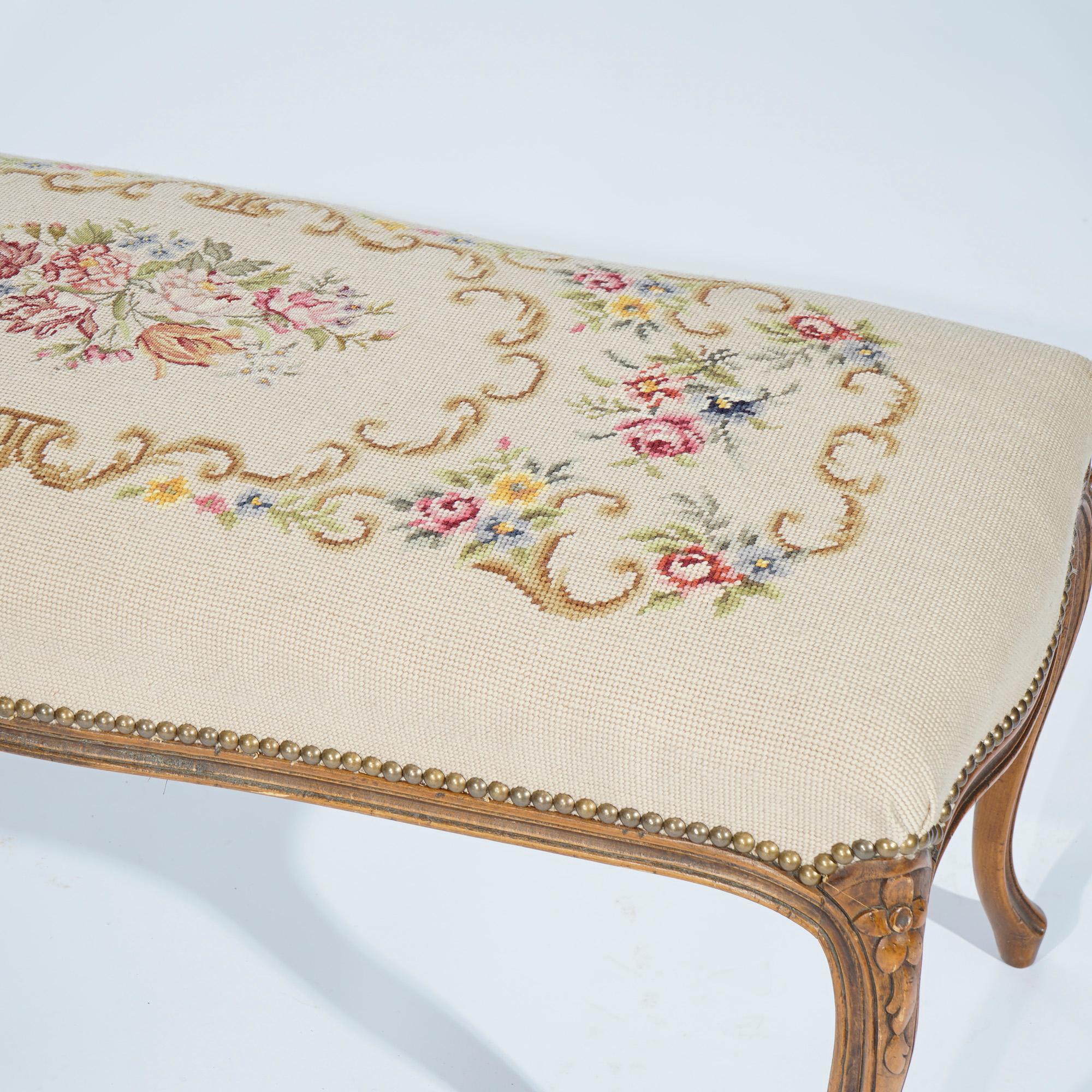 Antique French Louis XV Style Fruitwood & Needlepoint Long Bench, Circa 1930 1
