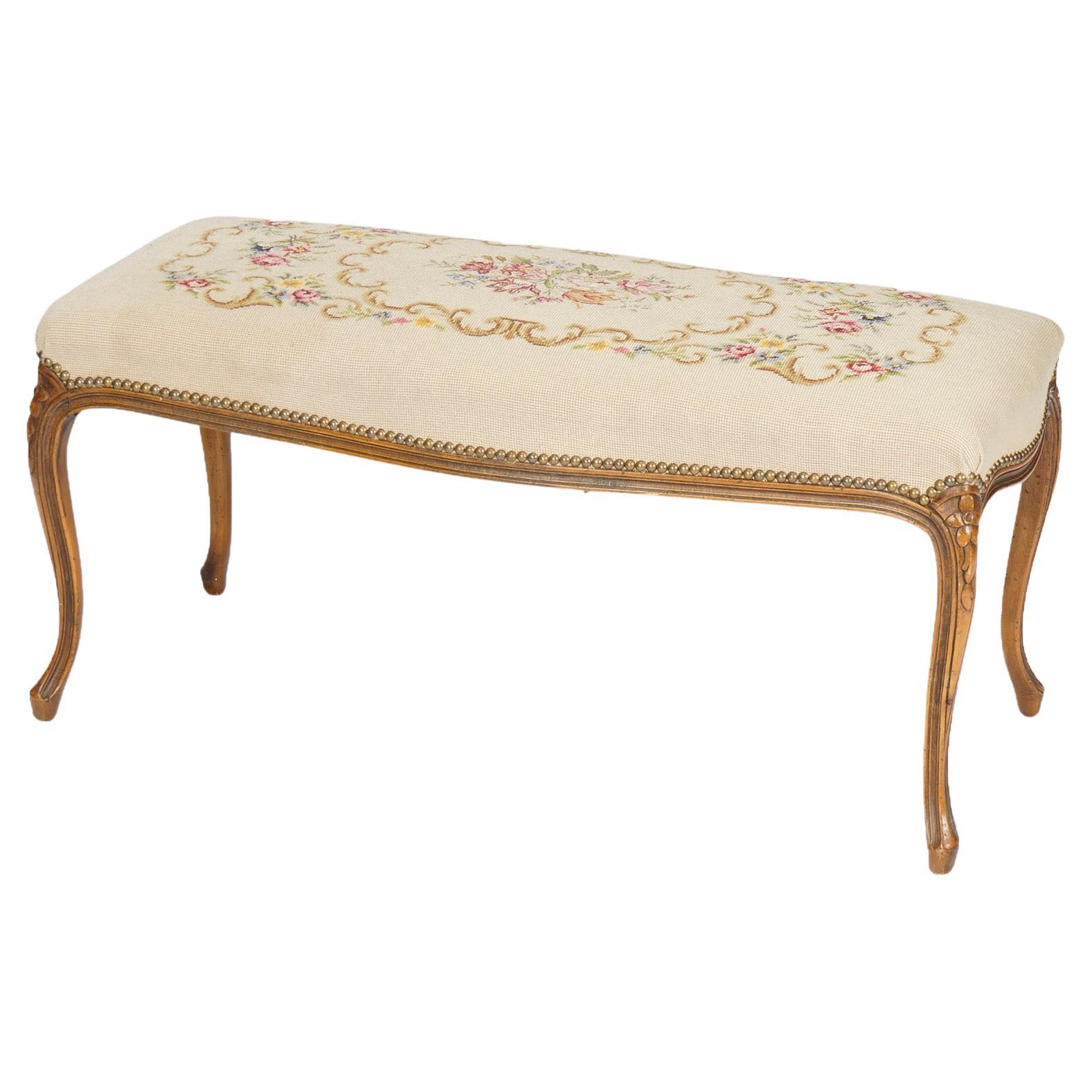 Antique French Louis XV Style Fruitwood & Needlepoint Long Bench, Circa 1930