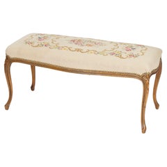 Antique French Louis XV Style Fruitwood & Needlepoint Long Bench, Circa 1930