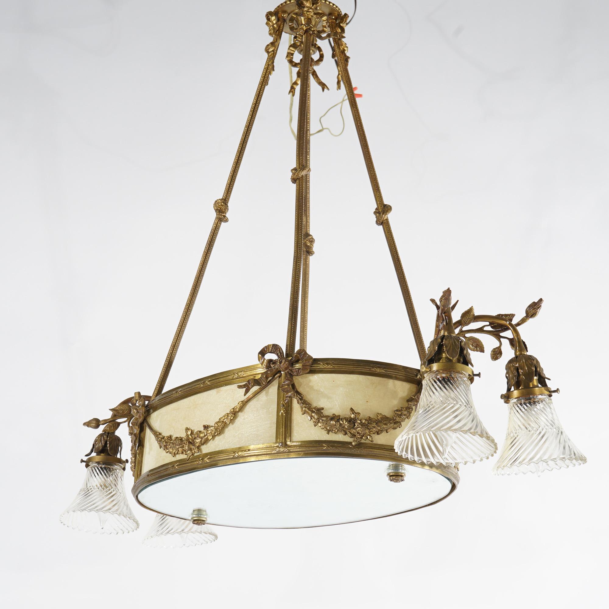 Antique French Louis XV Style Gilt Bronze Chandelier with Mica Insert, c1930 For Sale 5