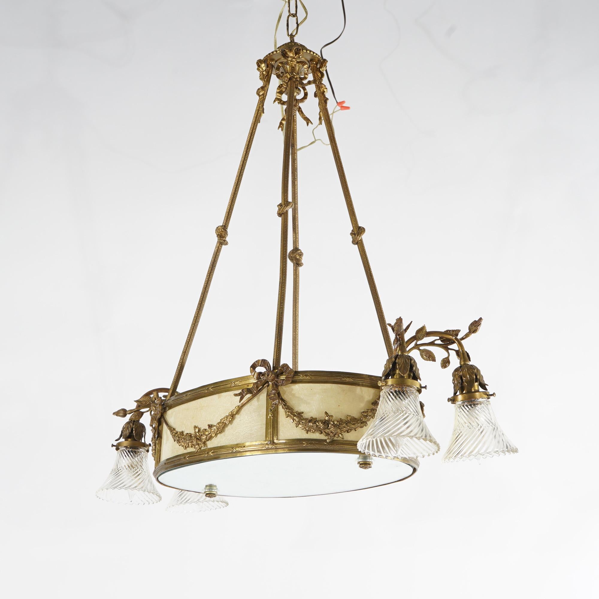 Antique French Louis XV Style Gilt Bronze Chandelier with Mica Insert, c1930 For Sale 6