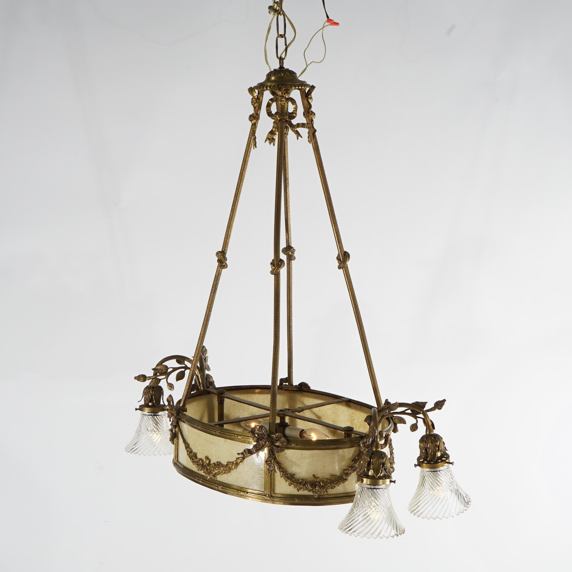 Antique French Louis XV Style Gilt Bronze Chandelier with Mica Insert, c1930 For Sale 9