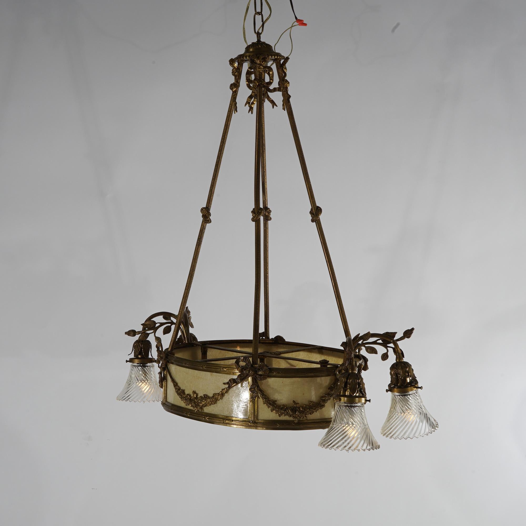 American Antique French Louis XV Style Gilt Bronze Chandelier with Mica Insert, c1930 For Sale
