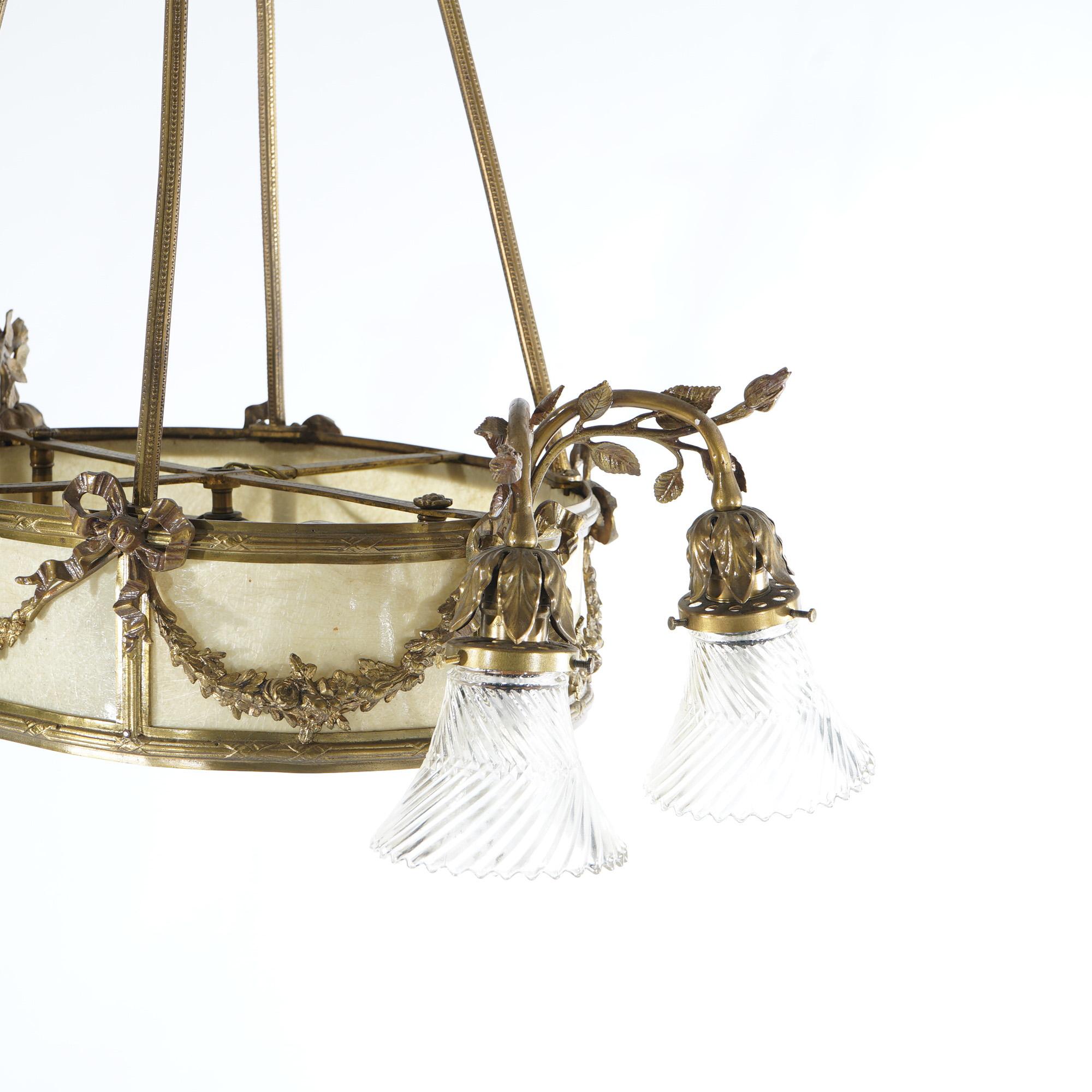 Antique French Louis XV Style Gilt Bronze Chandelier with Mica Insert, c1930 In Good Condition For Sale In Big Flats, NY