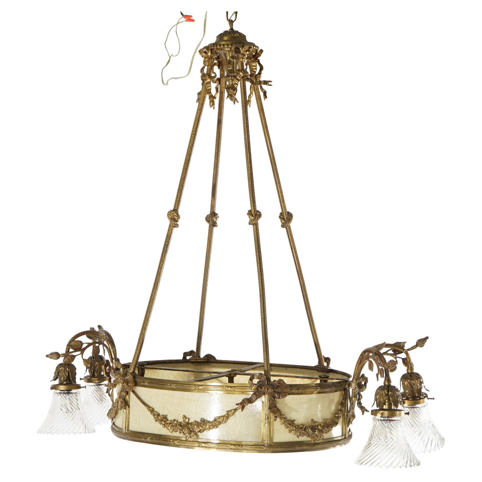 Antique French Louis XV Style Gilt Bronze Chandelier with Mica Insert, c1930 For Sale