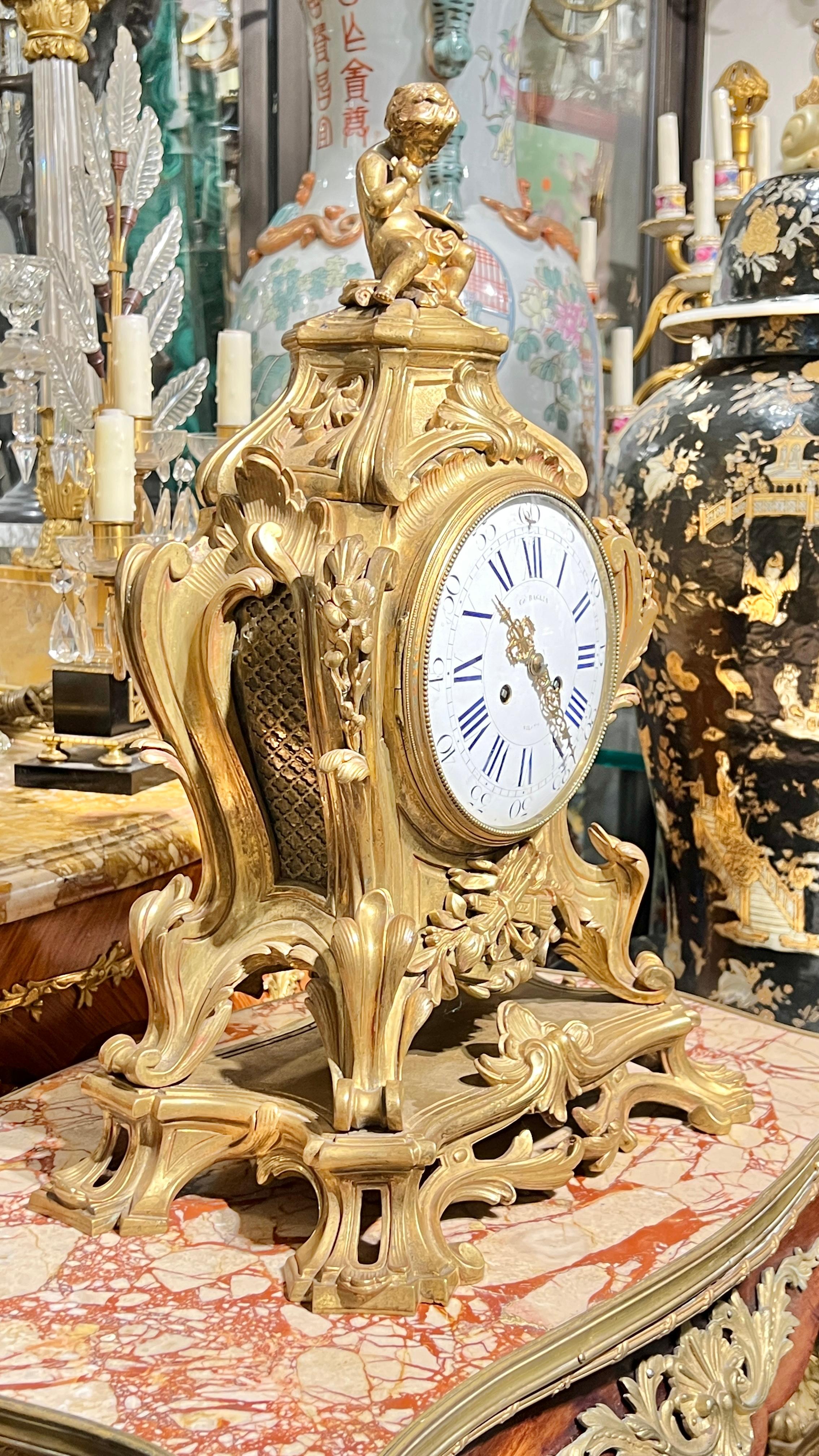 Antique French Louis XV Style Gilt Bronze Mantel Clock For Sale 1