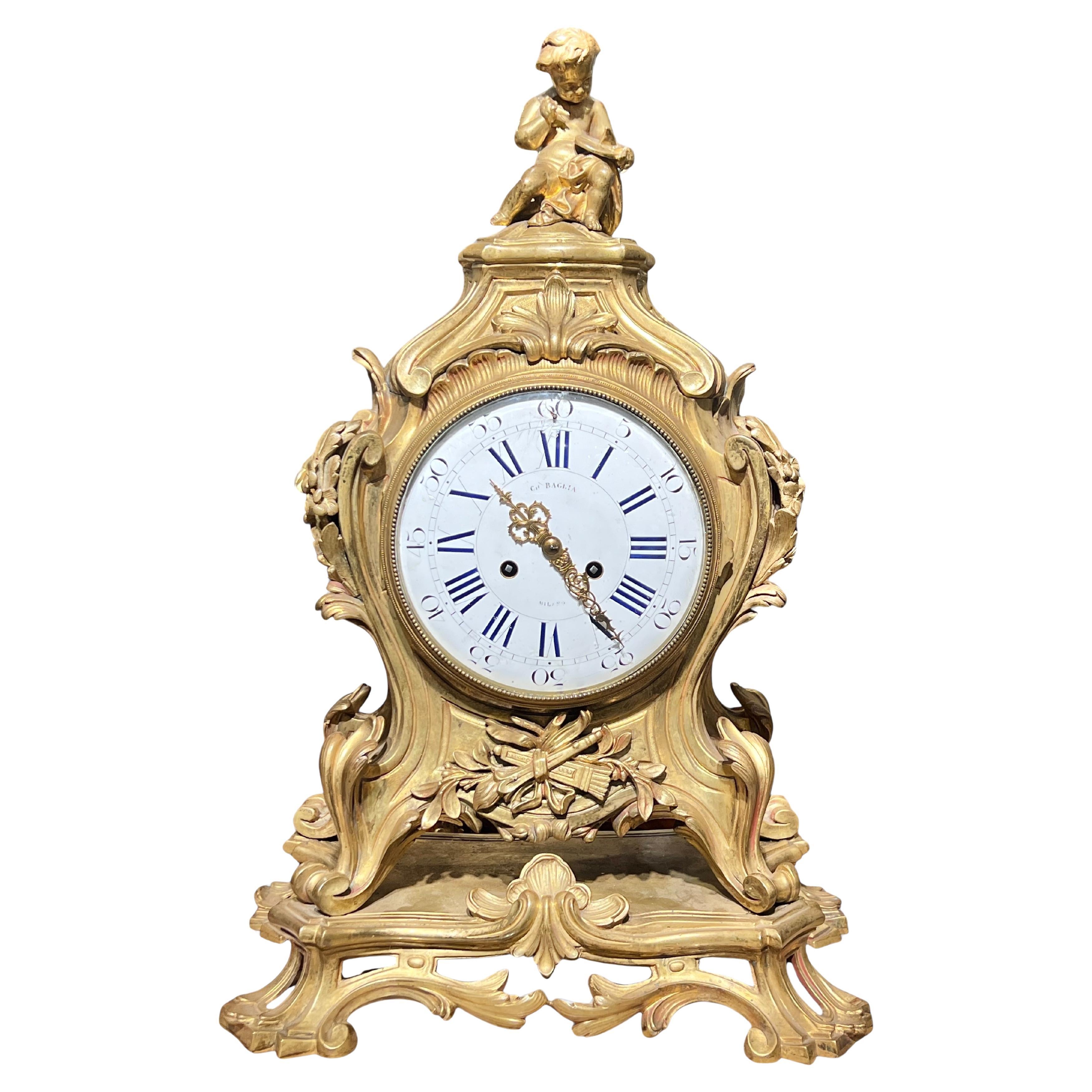 Antique French Louis XV Style Gilt Bronze Mantel Clock