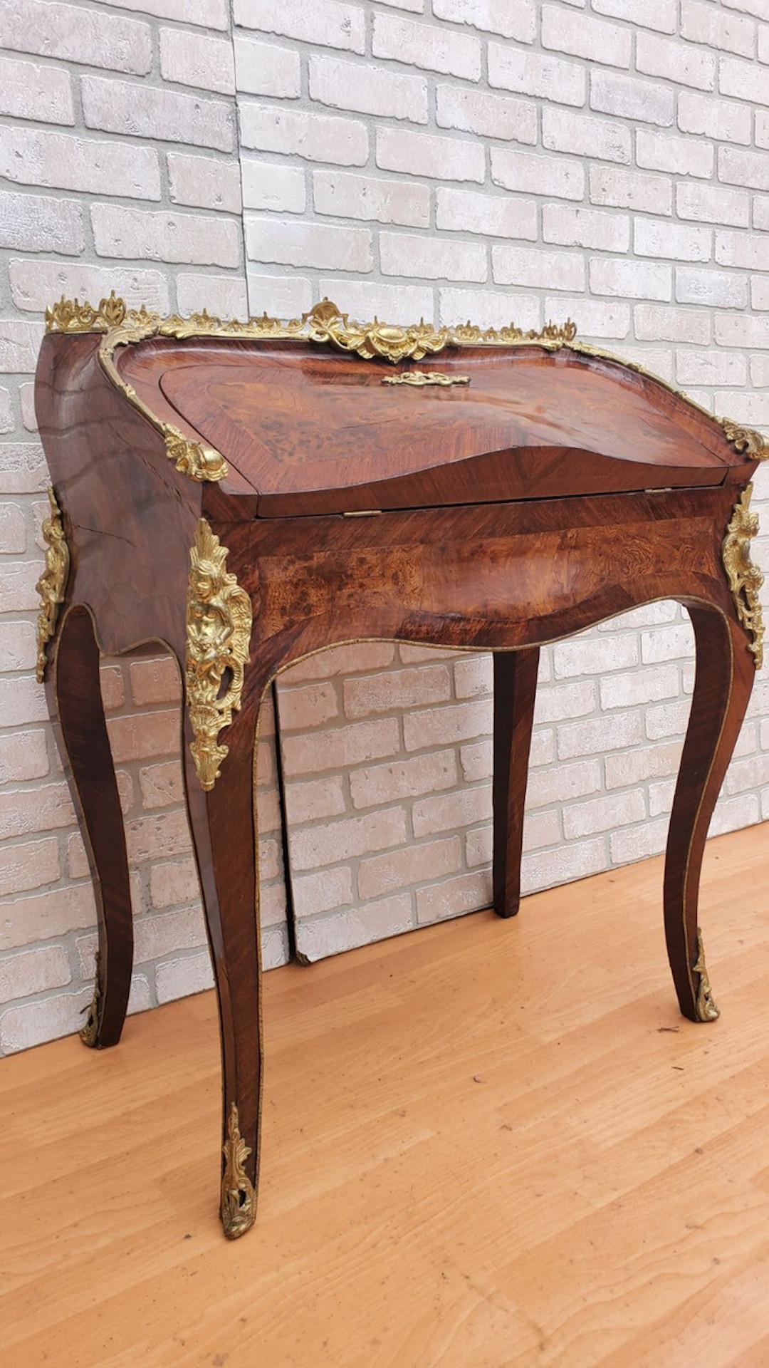 Antique French Louis XV Style Gilt Bronze Mounted Bureau De Pente Writing Desk in vendita 3