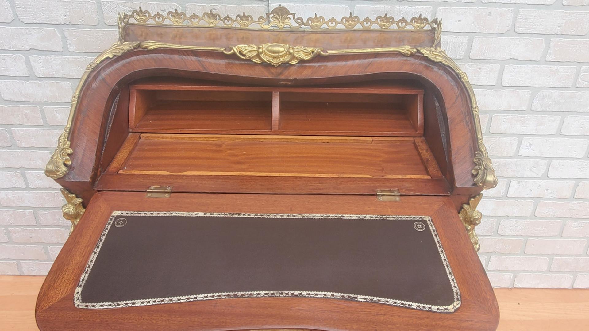 Francese Antique French Louis XV Style Gilt Bronze Mounted Bureau De Pente Writing Desk in vendita