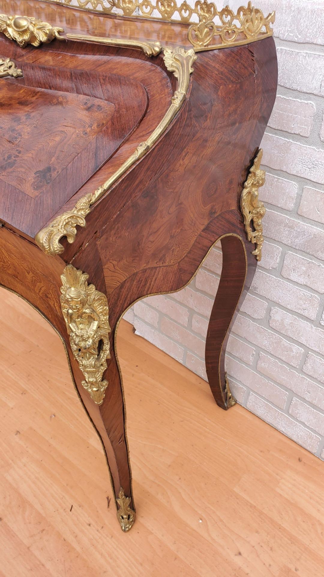 XIX secolo Antique French Louis XV Style Gilt Bronze Mounted Bureau De Pente Writing Desk in vendita