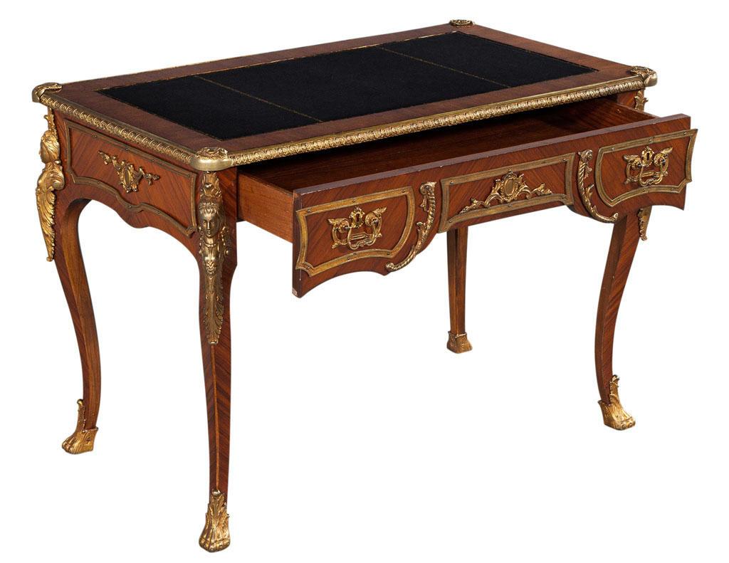 Antique French Louis XV Style Gilt Bronze Mounted Leather Top Writing Desk In Good Condition In North York, ON