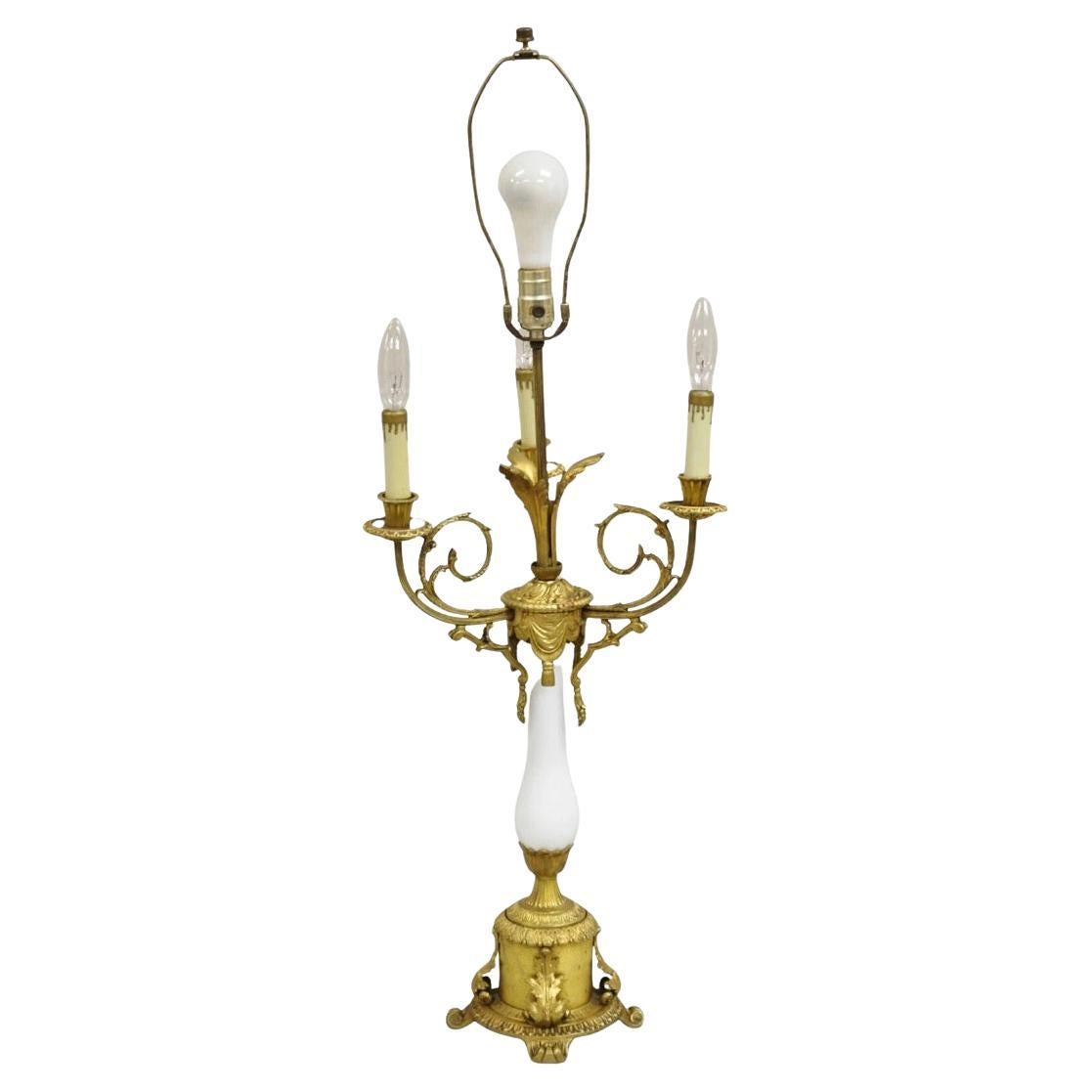 Antique French Louis XV Style Gilt Bronze & Porcelain Candelabra Table Lamp