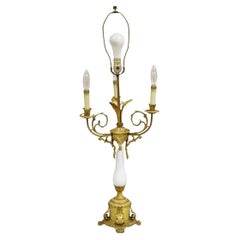 Antique French Louis XV Style Gilt Bronze & Porcelain Candelabra Table Lamp