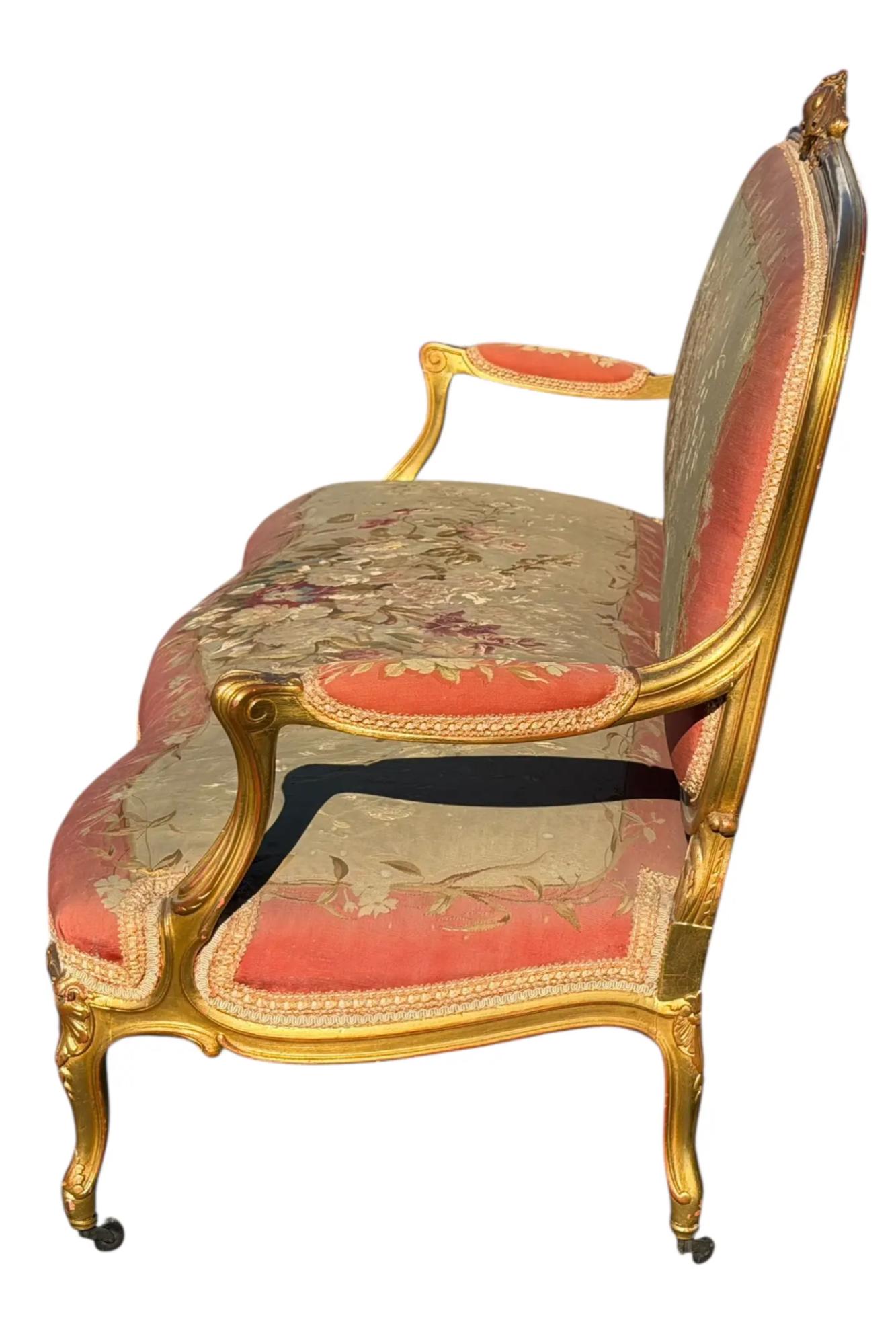 Antike Französisch Louis XV Stil Giltwood & Aubusson Tapestry Canapé Sofa.