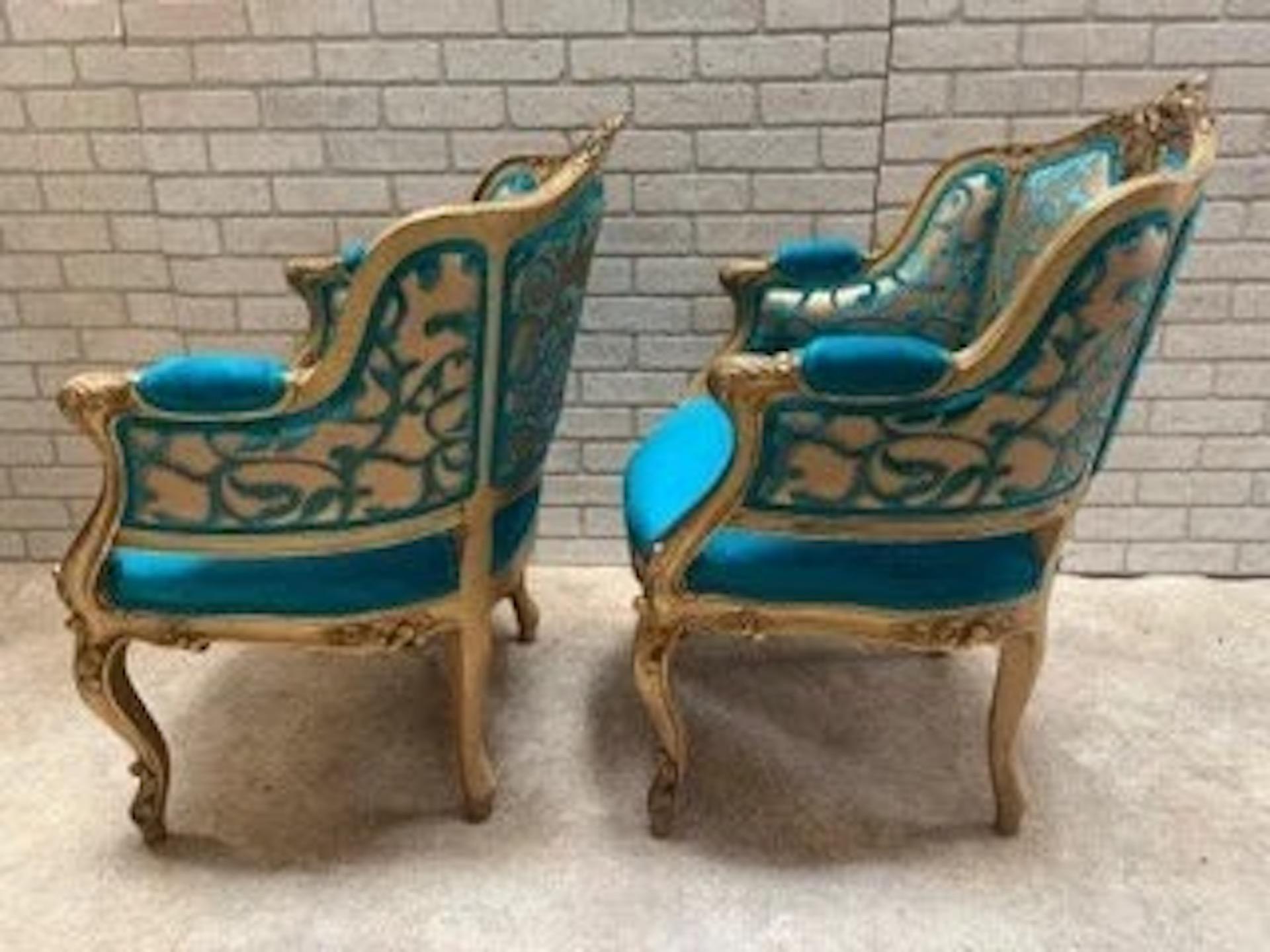Rococo Antique French Louis XV Style Giltwood Chairs Newly Upholstered in Velvet - Pair For Sale