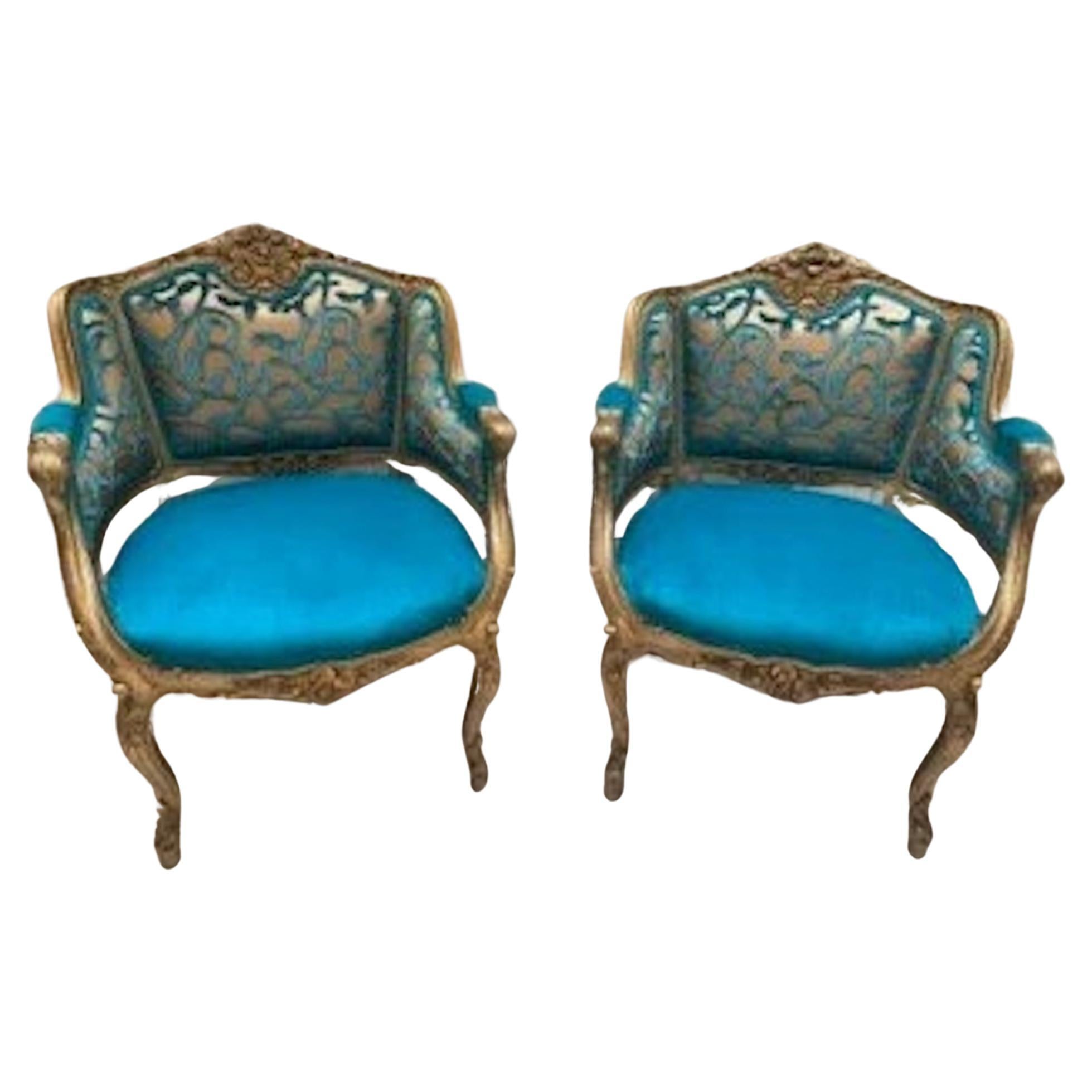 Antique French Louis XV Style Giltwood Chairs Newly Upholstered in Velvet - Pair