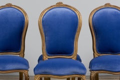 Antique French Louis XV Style Giltwood Dining Chairs in Cobalt Blue - Set of 6