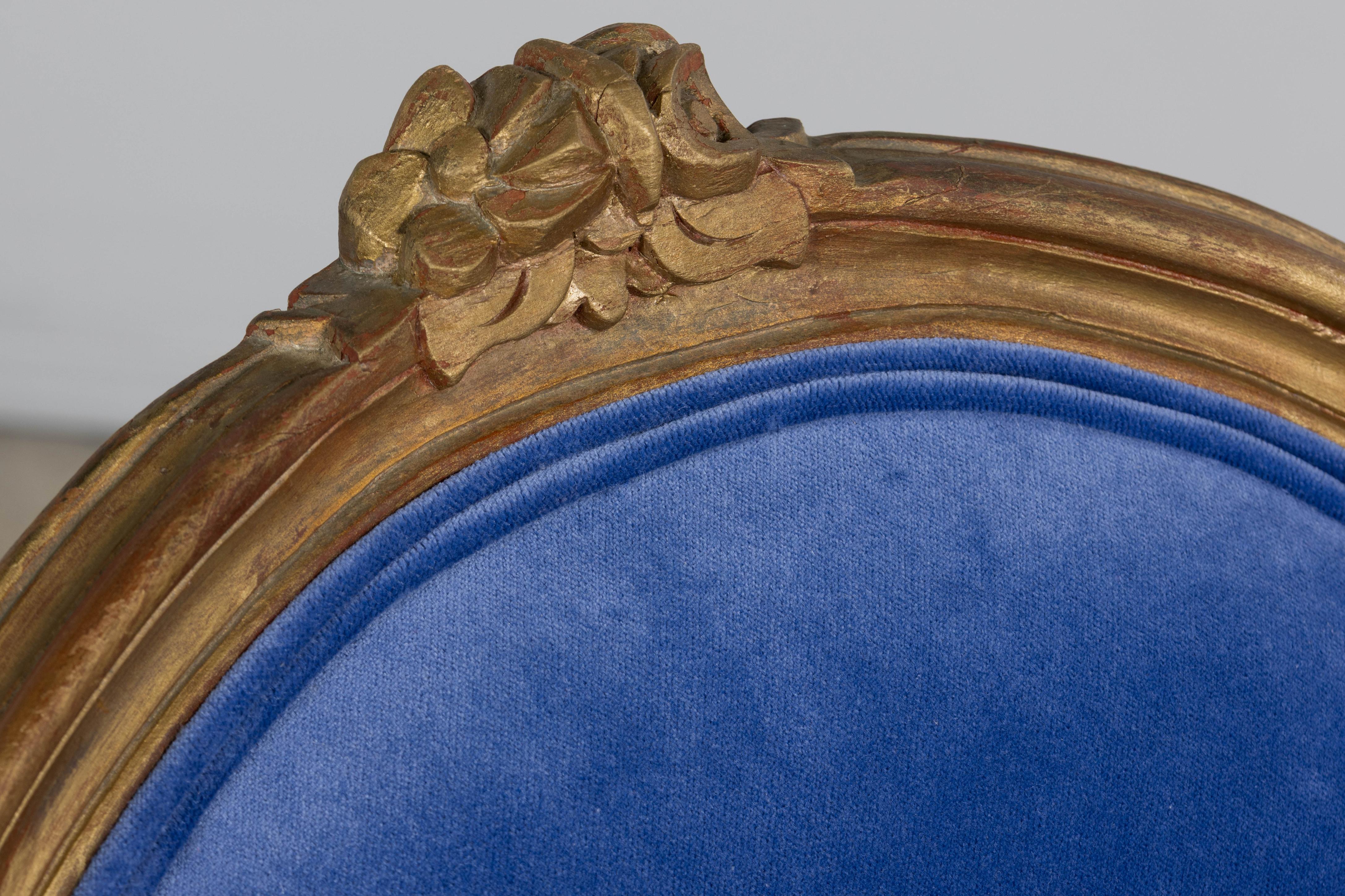 Antique French Sillas de Comedor de Madera Dorada Estilo Luis XV en Azul Cobalto - Lote de 6 en venta 2