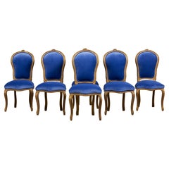 Antique French Louis XV Style Giltwood Dining Chairs in Cobalt Blue - Set of 6
