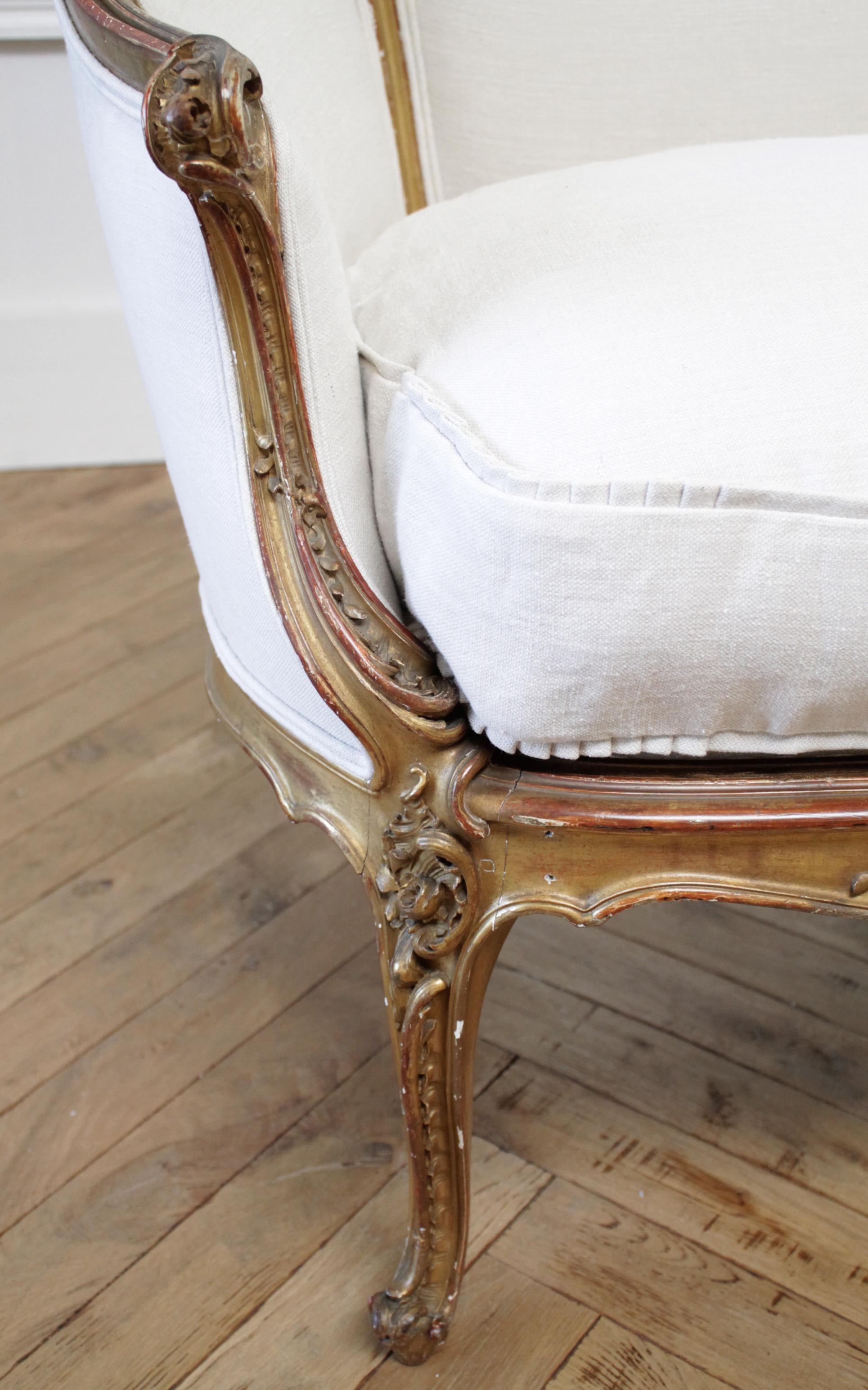 Antique French Louis XV Style Giltwood Settee with Linen Slip Cover Down Cushion 3