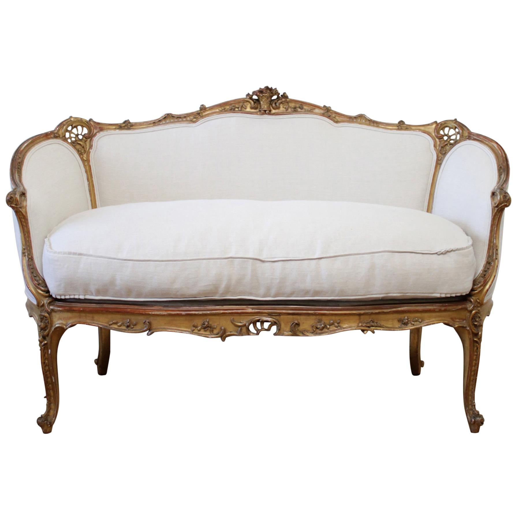 Antique French Louis XV Style Giltwood Settee with Linen Slip Cover Down Cushion