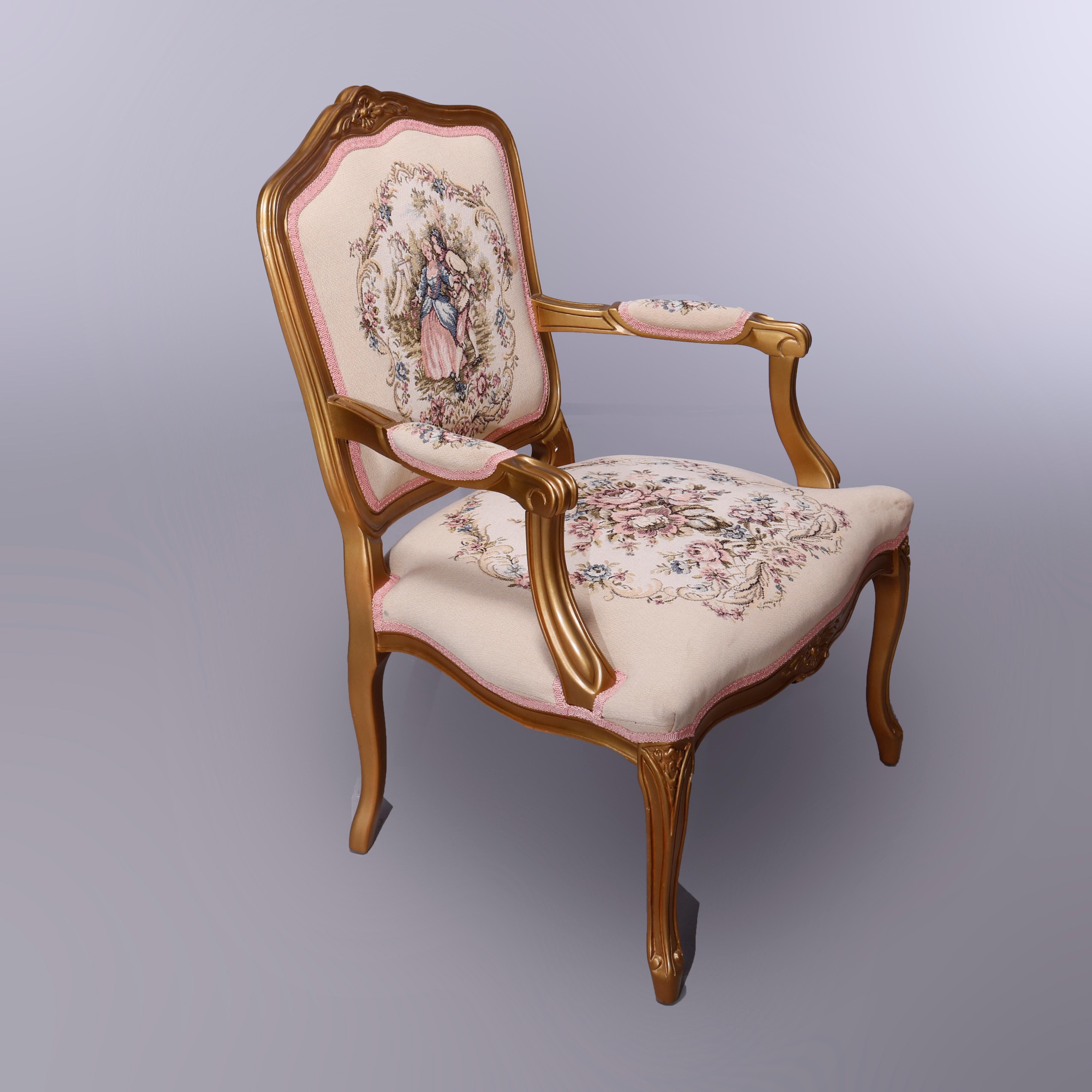 Antique French Louis XV Style Giltwood & Tapestry Fauteuil Armchair, 20th C 10