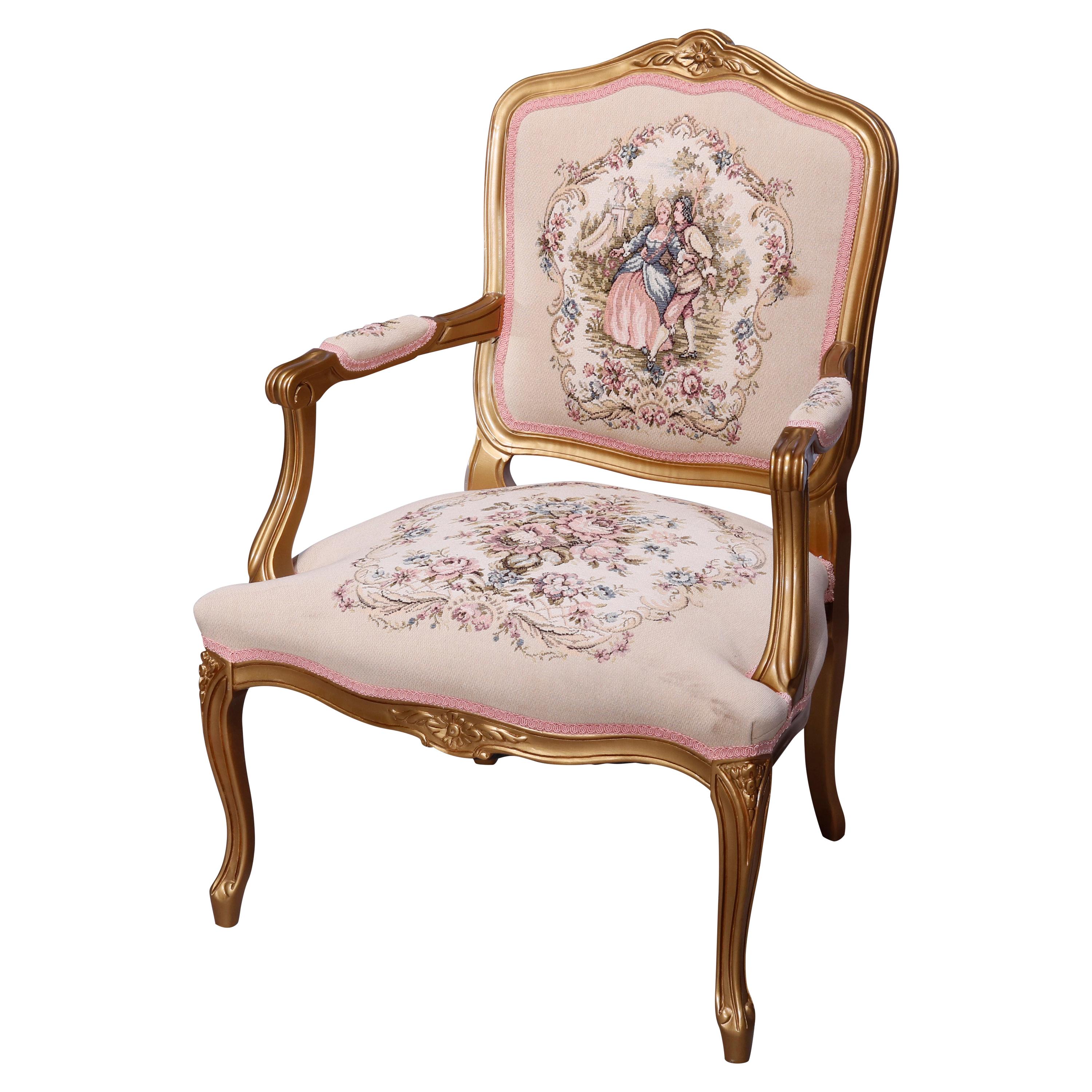 Antique French Louis XV Style Giltwood & Tapestry Fauteuil Armchair, 20th C