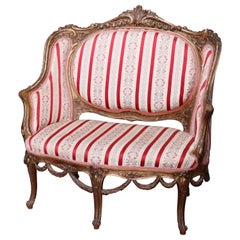Antique French Louis XV Style Giltwood Upholstered Petite Settee, Circa 1880