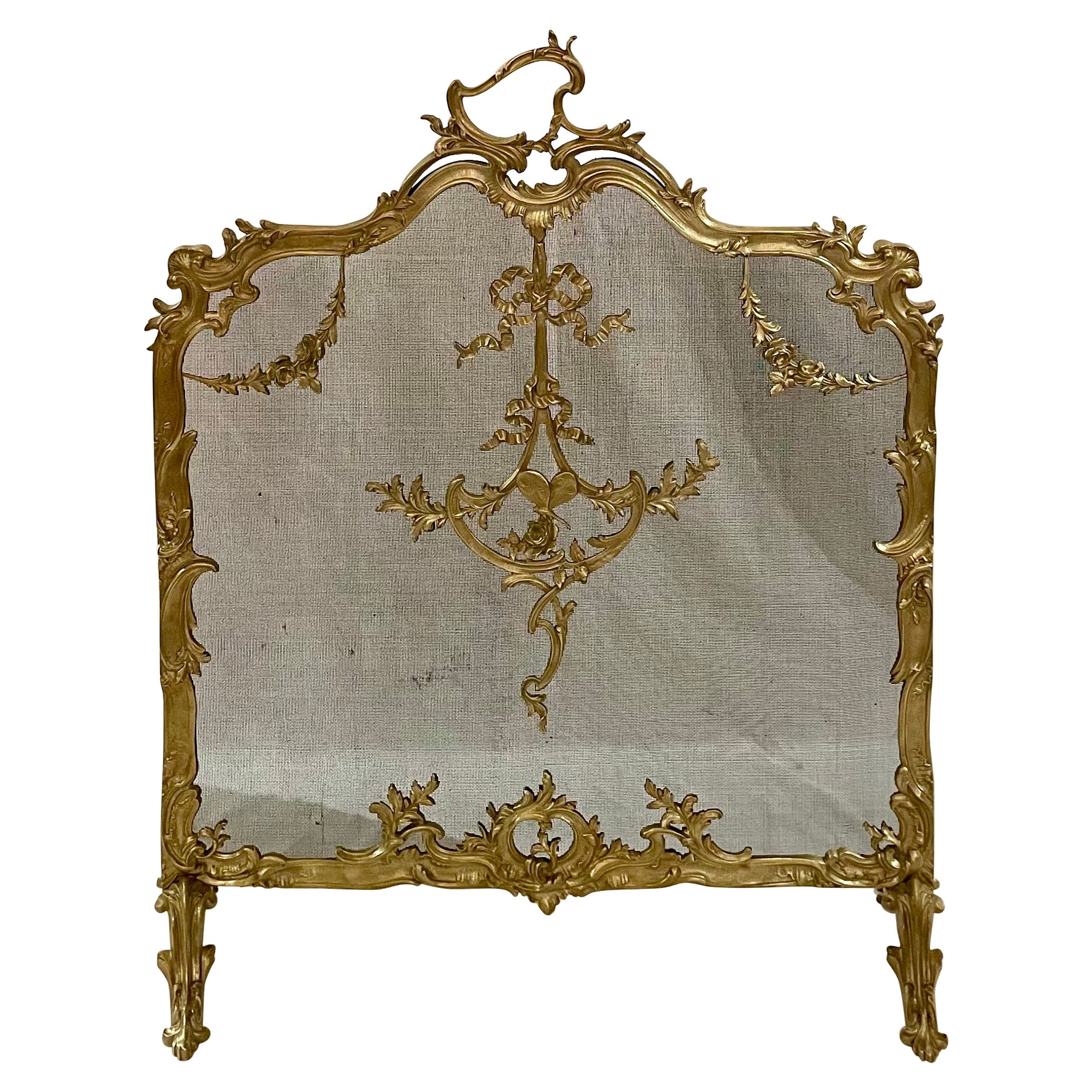 Antique French Louis XV Style Gold Bronze Fire Screen, Circa 1890's.